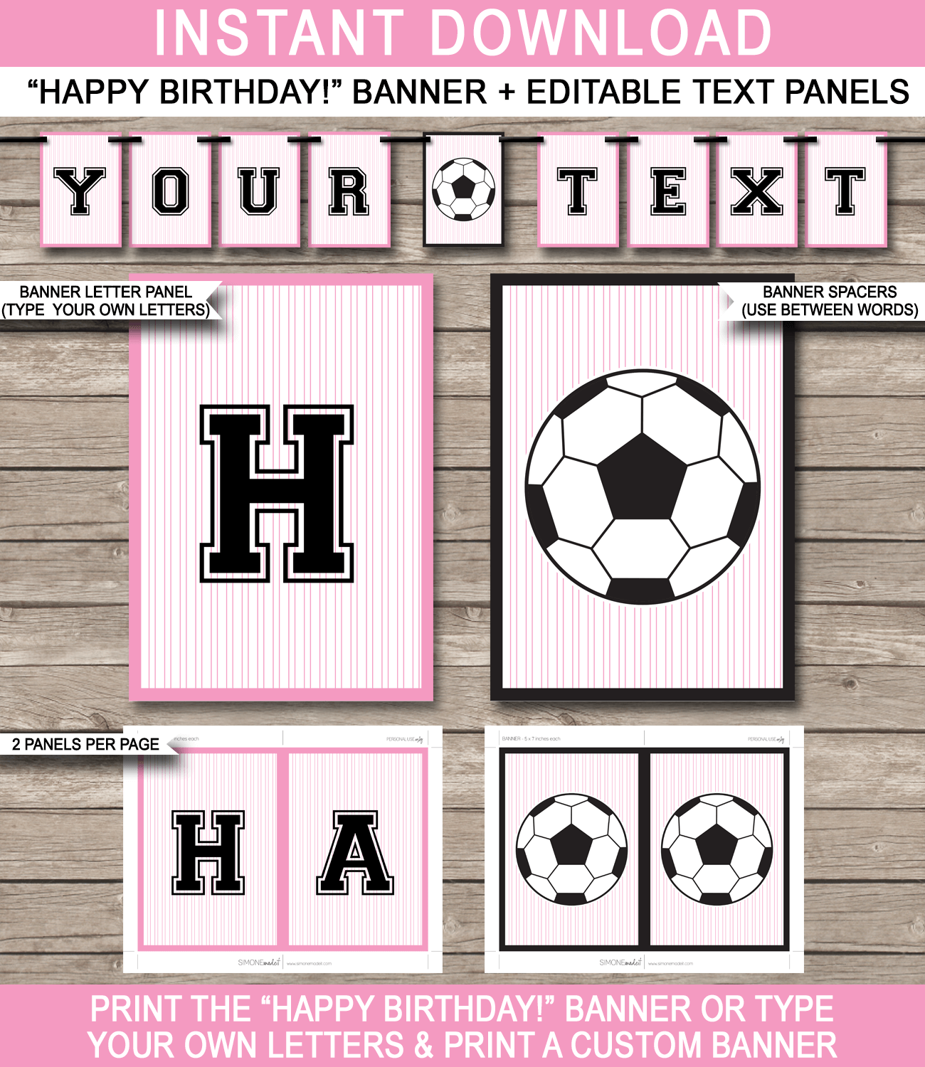 Pink Soccer Party Pennant Banner Template - Happy Birthday Bunting - Editable and Printable DIY Template - INSTANT DOWNLOAD $4.50 via simonemadeit.com