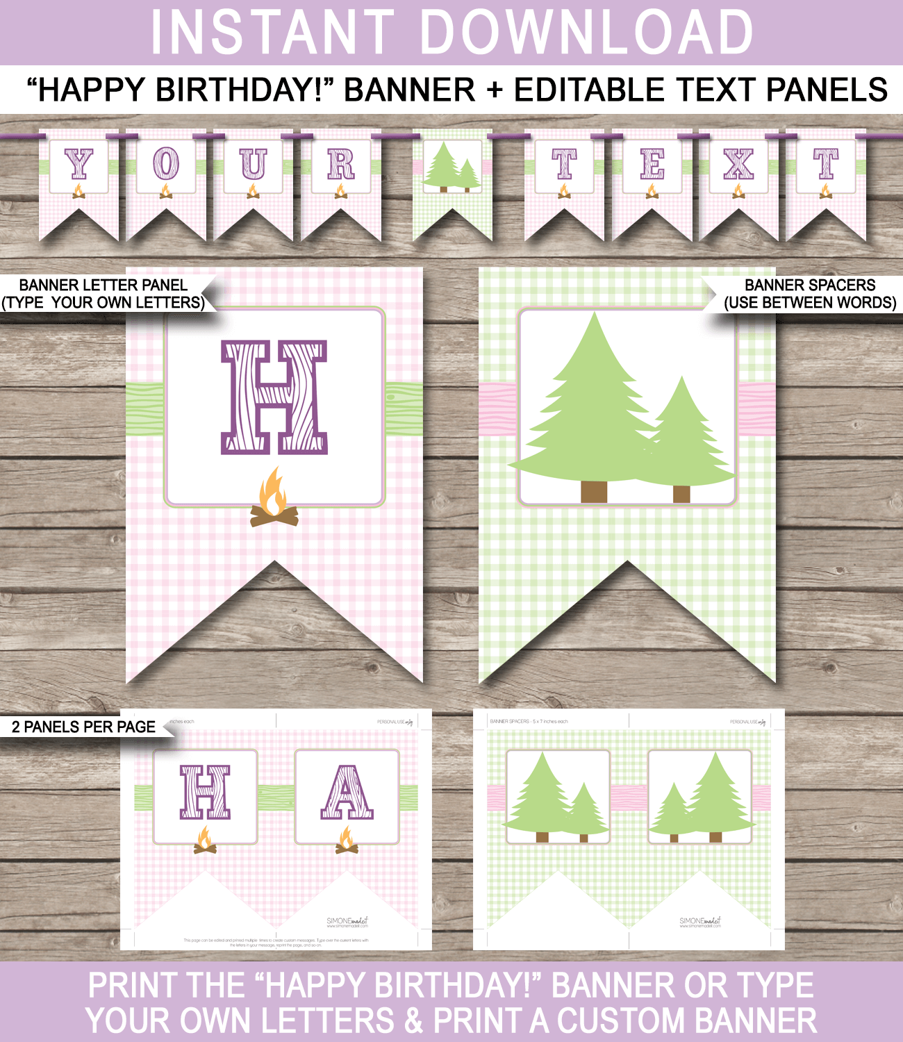 Glamping Party Pennant Banner Template - Glam Camping Bunting - Happy Birthday Banner - Birthday Party - Editable and Printable DIY Template - INSTANT DOWNLOAD $4.50 via simonemadeit.com