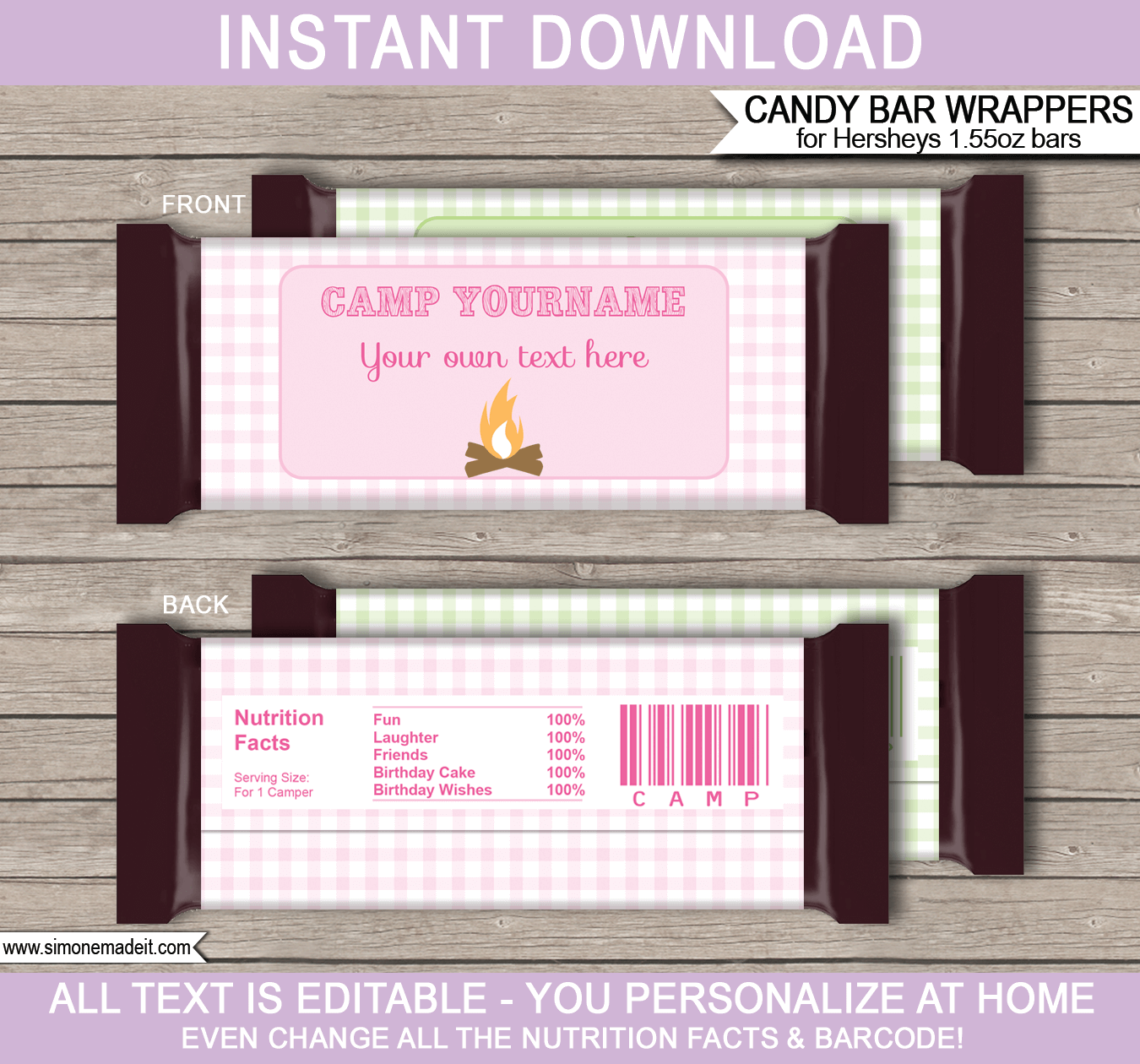 Glamping Hershey Candy Bar Wrappers | Birthday Party Favors | Personalized Candy Bars | Editable Template | INSTANT DOWNLOAD $3.00 via simonemadeit.com