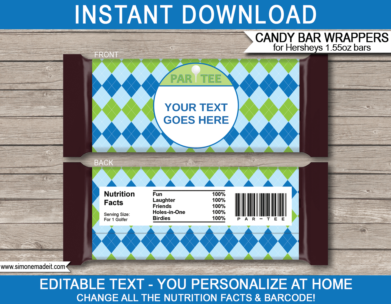 Golf Hershey Candy Bar Wrappers | Par-tee | Blue Green Argyle | Birthday Party Favors | Personalized Candy Bars | Editable Template | INSTANT DOWNLOAD $3.00 via simonemadeit.com