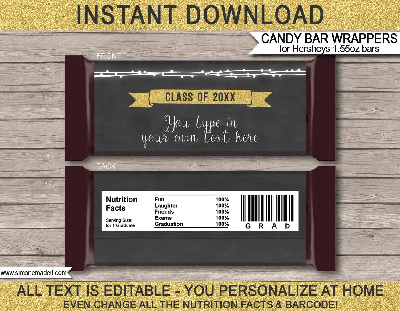 Graduation Hershey Candy Bar Wrappers | Chalkboard & Gold Glitter | Personalized Candy Bars | Editable Template | INSTANT DOWNLOAD $3.00 via simonemadeit.com