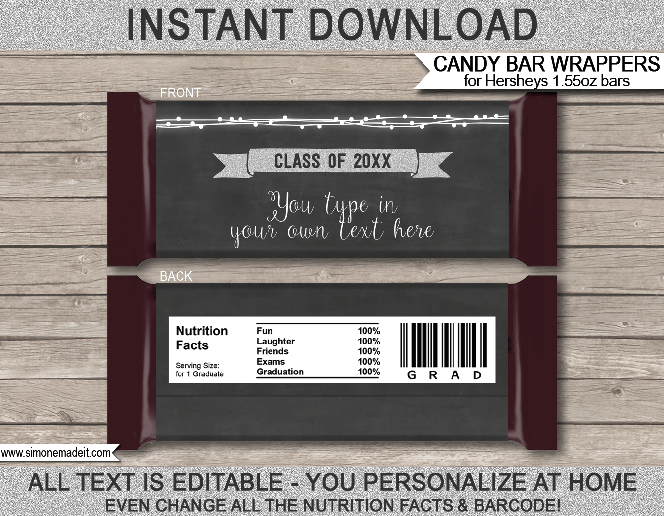 Graduation Hershey Candy Bar Wrappers | Chalkboard & Silver Glitter | Personalized Candy Bars | Editable Template | INSTANT DOWNLOAD $3.00 via simonemadeit.com