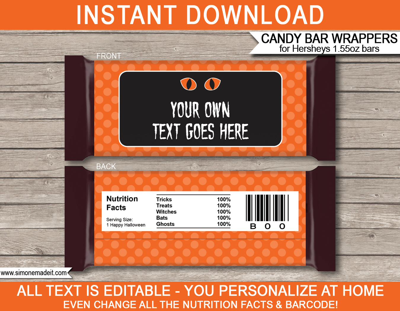 Halloween Hershey Candy Bar Wrappers | Halloween Favors | Personalized Candy Bars | Editable Template | INSTANT DOWNLOAD $3.00 via simonemadeit.com