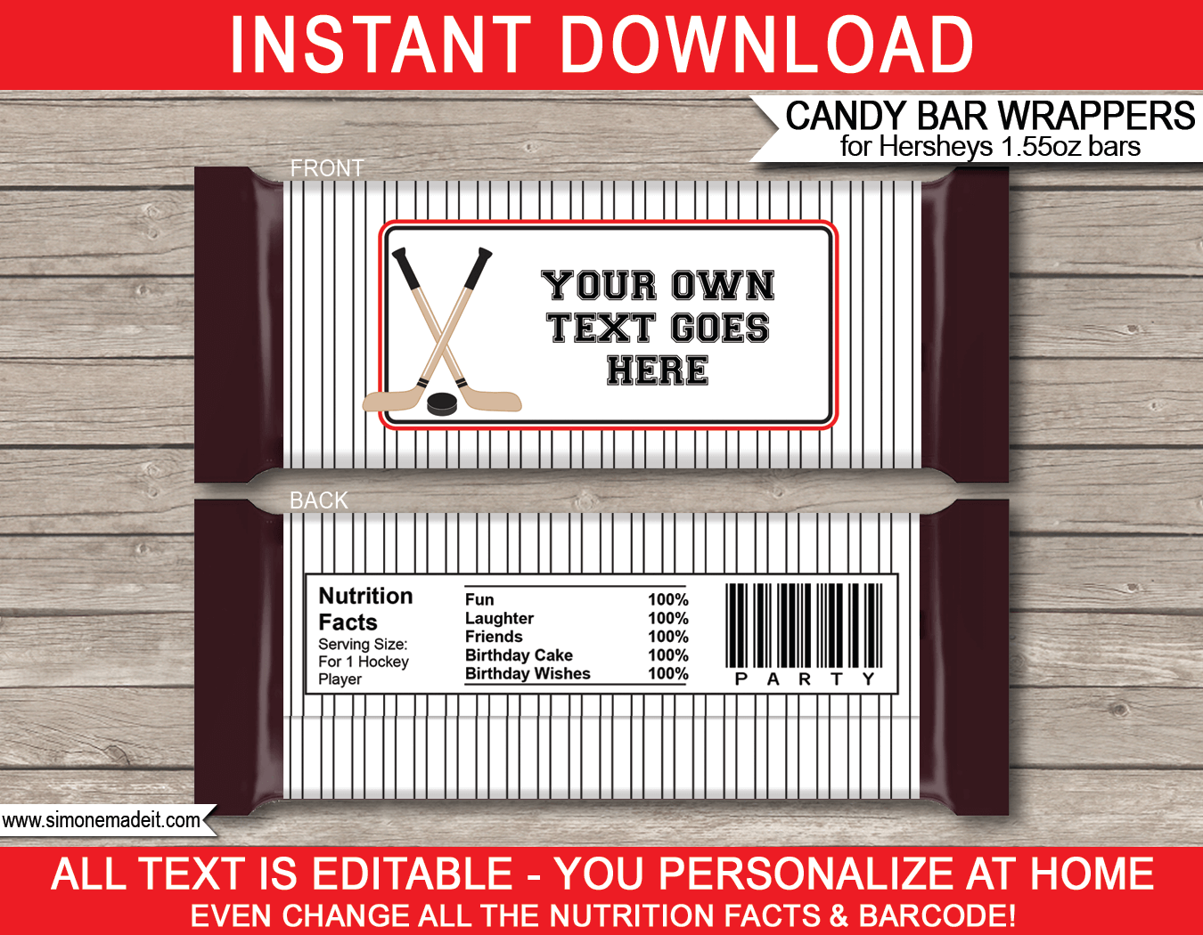 Hockey Hershey Candy Bar Wrappers | Red Black | Birthday Party Favors | Personalized Candy Bars | Editable Template | INSTANT DOWNLOAD $3.00 via simonemadeit.com
