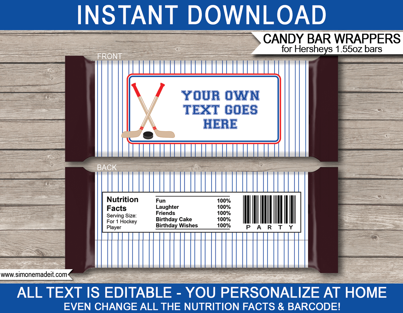 Hockey Party Hershey Candy Bar Wrappers | Red Blue | Birthday Party Favors | Personalized Candy Bars | Editable Template | INSTANT DOWNLOAD $3.00 via simonemadeit.com