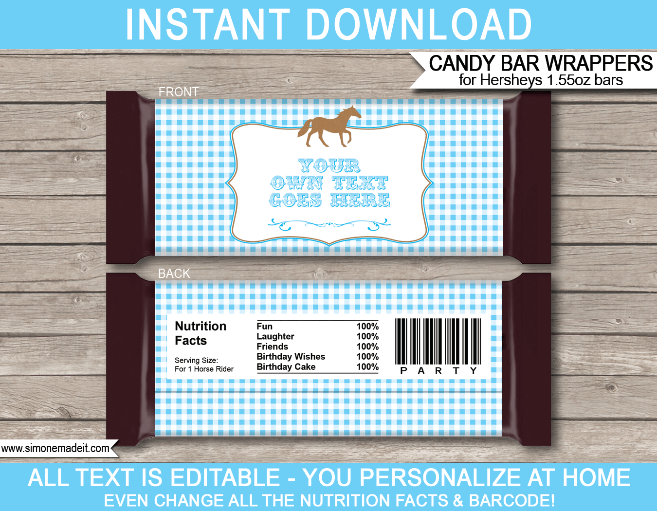 Pony Horse Party Hershey Candy Bar Wrappers | Blue | Birthday Party Favors | Personalized Candy Bars | Editable Template | INSTANT DOWNLOAD $3.00 via simonemadeit.com