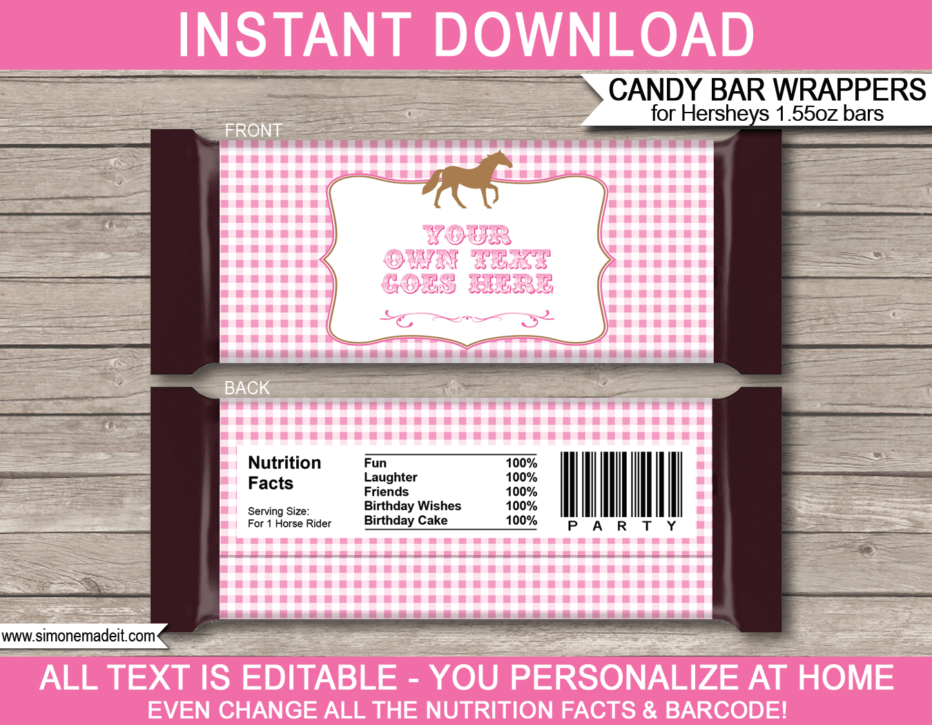 Pony Horse Hershey Candy Bar Wrappers | Birthday Party Favors | Personalized Candy Bars | Editable Template | INSTANT DOWNLOAD $3.00 via simonemadeit.com