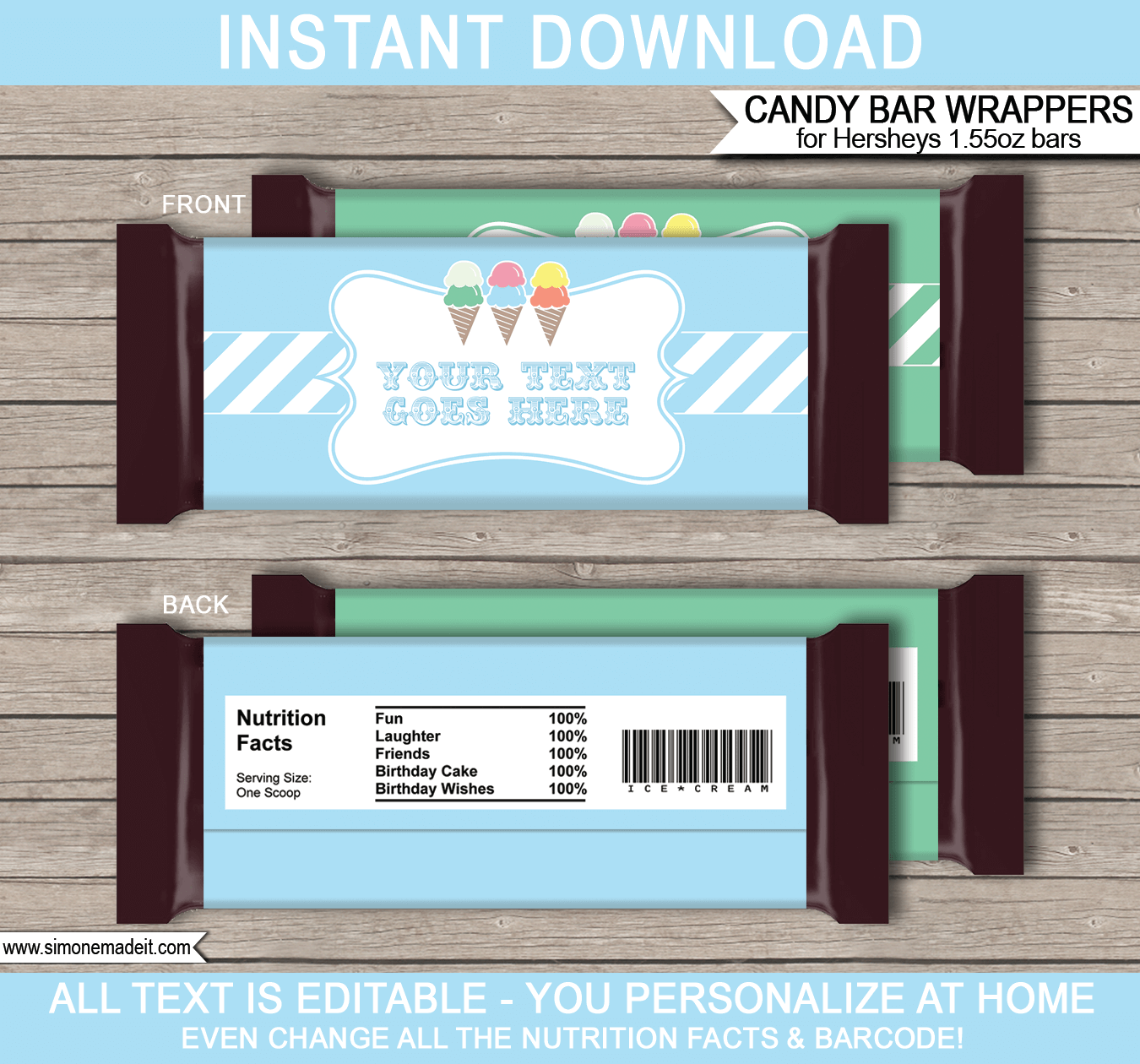 Ice Cream Party Hershey Candy Bar Wrappers | Birthday Party Favors | Personalized Candy Bars | Editable Template | INSTANT DOWNLOAD $3.00 via simonemadeit.com