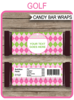 Pink Golf Hershey Candy Bar Wrappers | Par-tee | Pink Green Argyle | Birthday Party Favors | Personalized Candy Bars | Editable Template | INSTANT DOWNLOAD $3.00 via simonemadeit.com