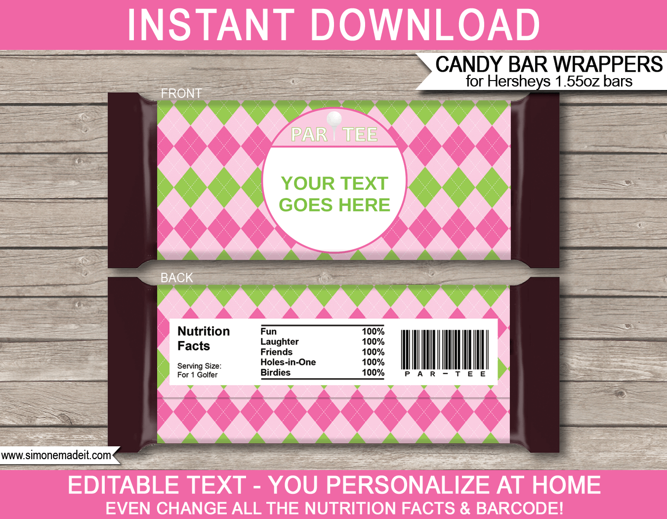 Pink Golf Hershey Candy Bar Wrappers | Par-tee | Pink Green Argyle | Birthday Party Favors | Personalized Candy Bars | Editable Template | INSTANT DOWNLOAD $3.00 via simonemadeit.com