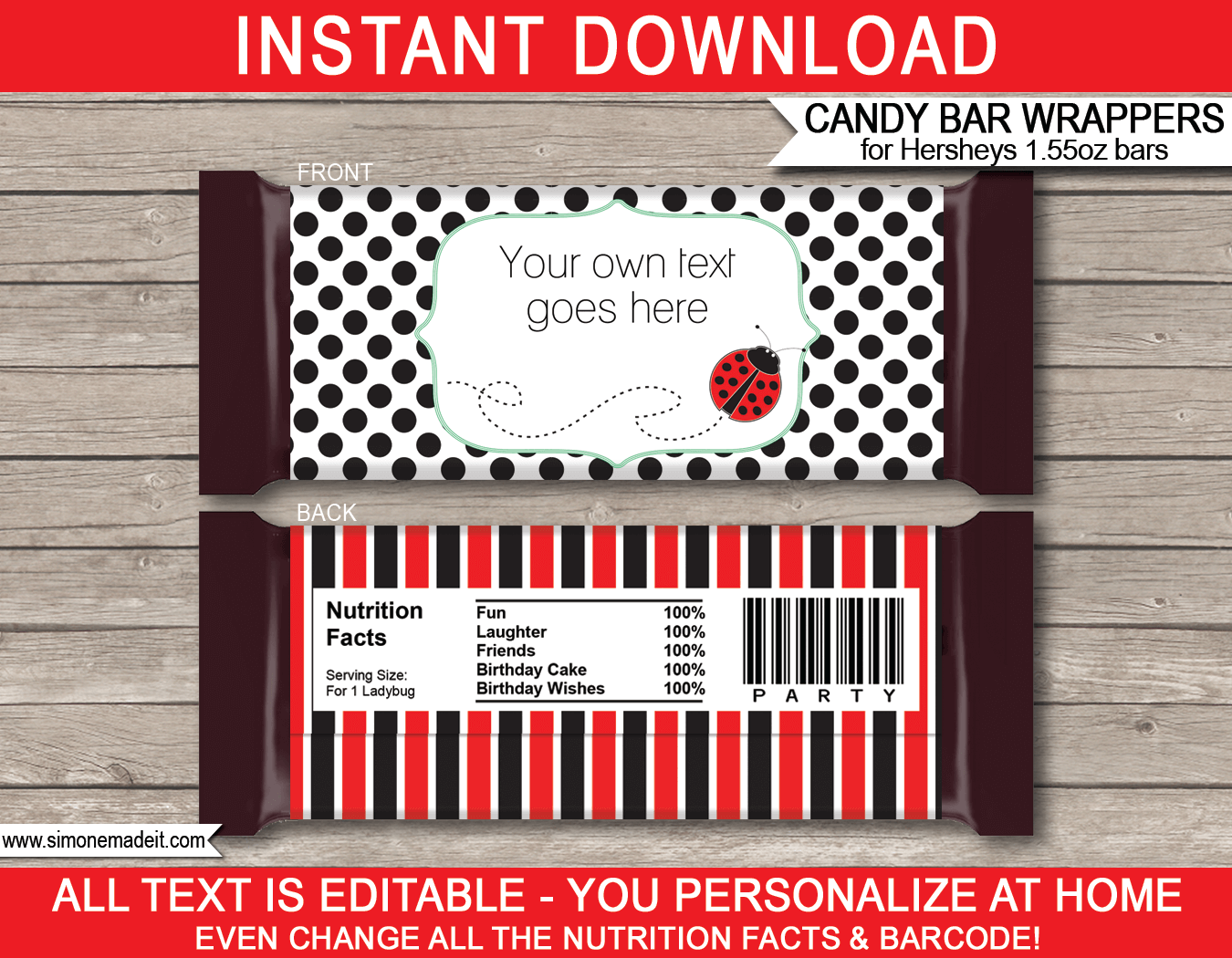 Ladybug Hershey Candy Bar Wrappers | Ladybird | Birthday Party Favors | Personalized Candy Bars | Editable Template | INSTANT DOWNLOAD $3.00 via simonemadeit.com