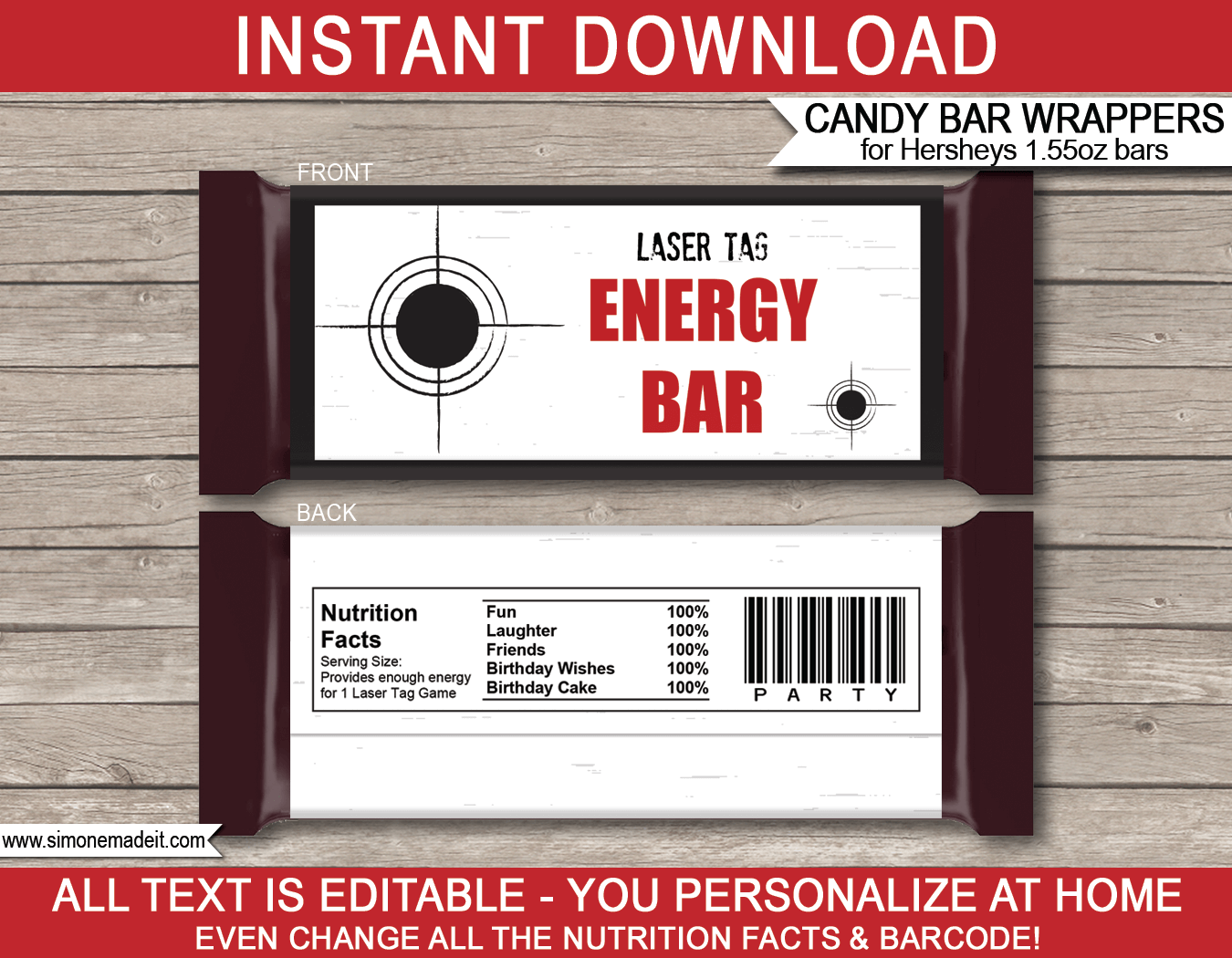 Laser Tag Hershey Candy Bar Wrappers | Lazer Tag | Birthday Party Favors | Personalized Candy Bars | Editable Template | INSTANT DOWNLOAD $3.00 via simonemadeit.com