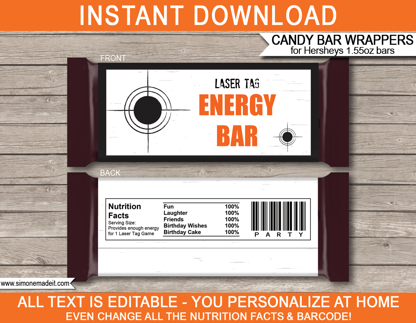 Laser Tag Candy Bar Wrappers | Birthday Party Favors | Personalized Candy Bars | Hershey Chocolate Bars | Editable Template | INSTANT DOWNLOAD $3.00 via simonemadeit.com