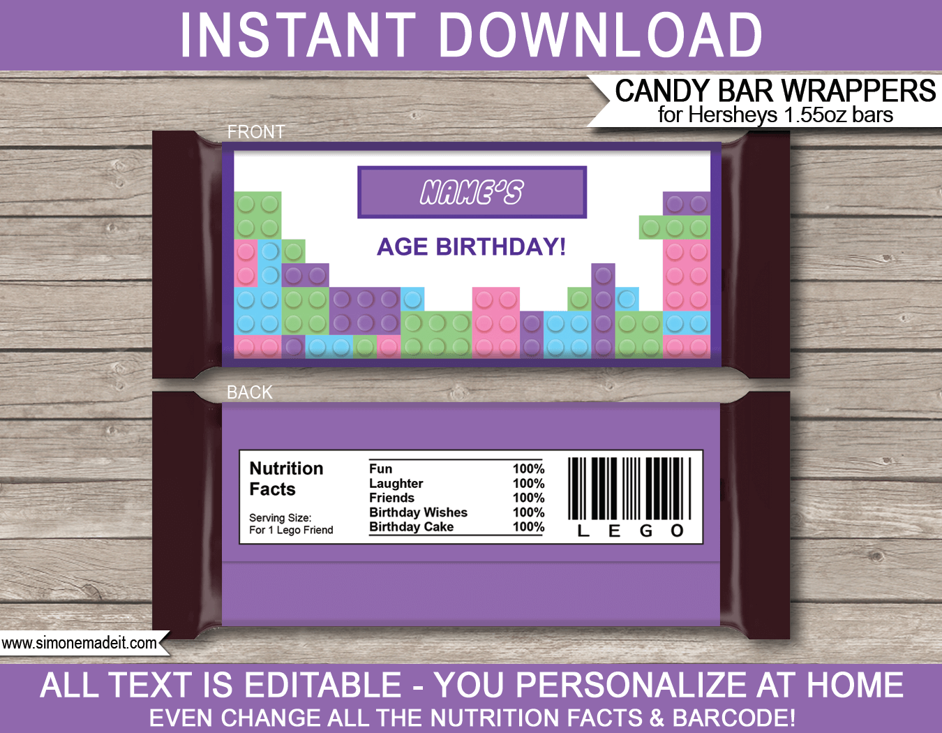 Lego Friends Hershey Candy Bar Wrappers | Birthday Party Favors | Personalized Candy Bars | Editable Template | INSTANT DOWNLOAD $3.00 via simonemadeit.com