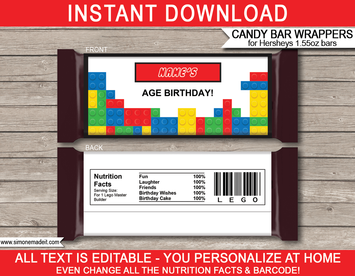 Lego Hershey Candy Bar Wrappers | Birthday Party Favors | Personalized Candy Bars | Editable Template | INSTANT DOWNLOAD $3.00 via simonemadeit.com