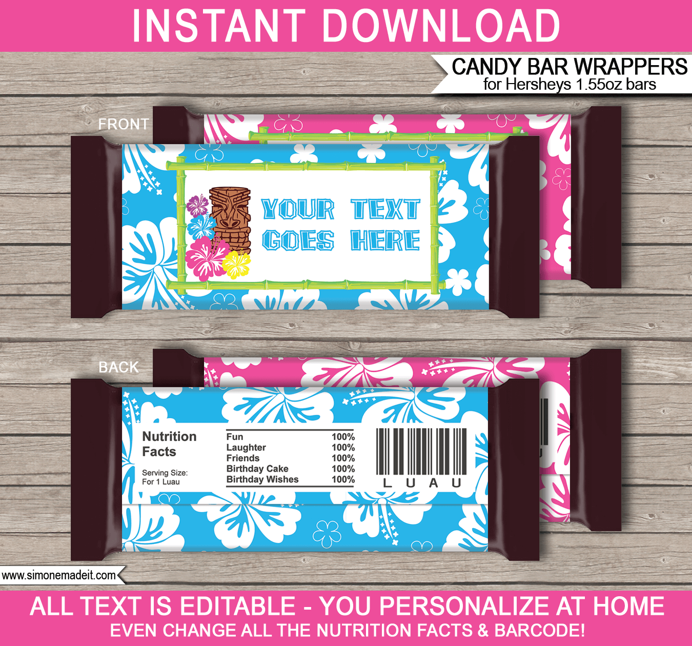 Luau Hershey Candy Bar Wrappers | Birthday Party Favors | Personalized Candy Bars | Editable Template | INSTANT DOWNLOAD $3.00 via simonemadeit.com
