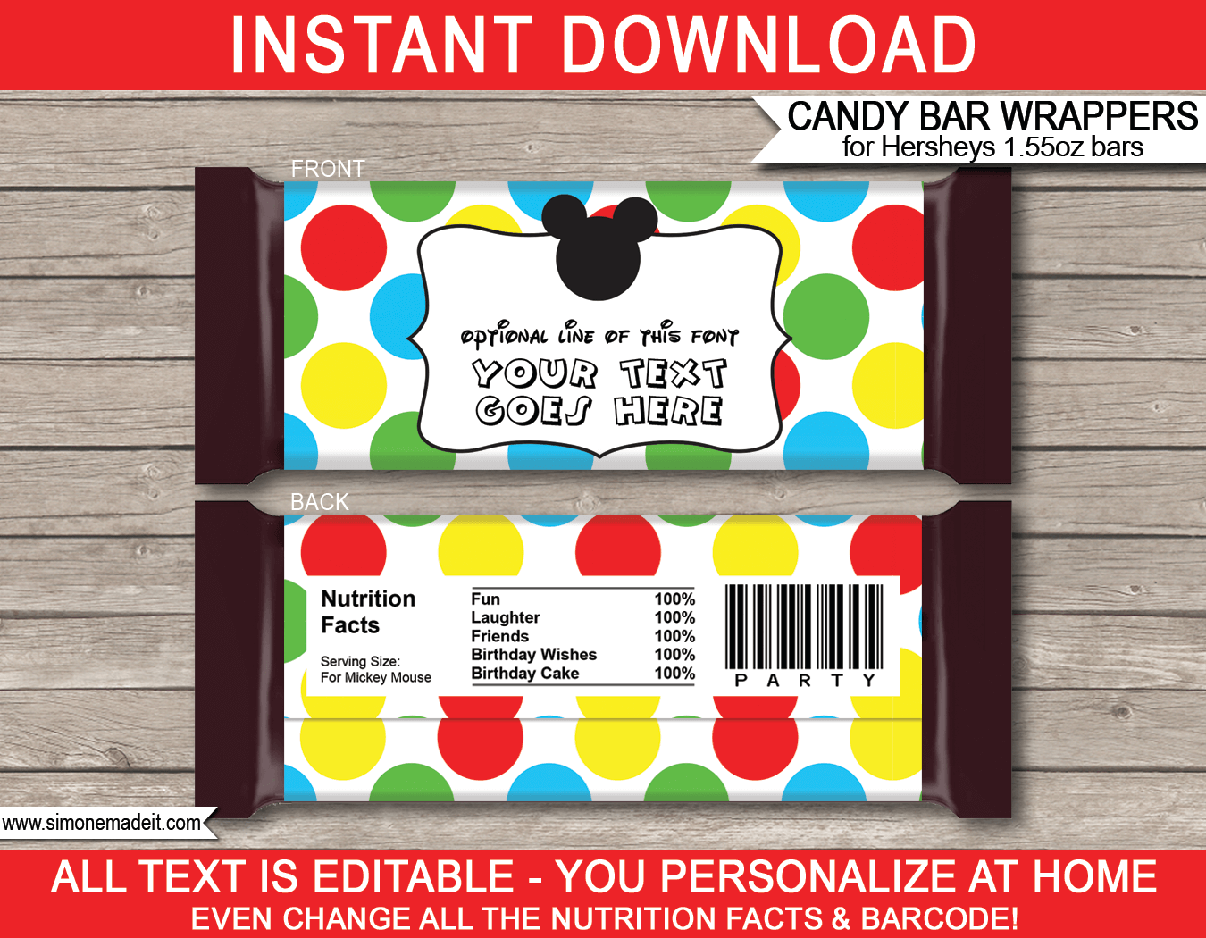 Mickey Mouse Hershey Candy Bar Wrappers | Birthday Party Favors | Personalized Candy Bars | Editable Template | INSTANT DOWNLOAD $3.00 via simonemadeit.com