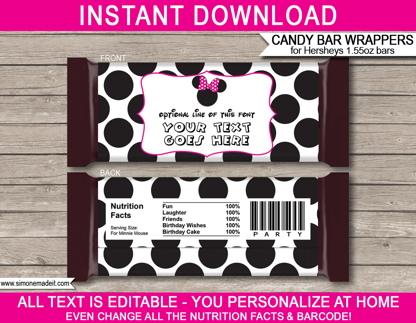 Minnie Mouse Hershey Candy Bar Wrappers | Pink | Birthday Party Favors | Personalized Candy Bars | Editable Template | INSTANT DOWNLOAD $3.00 via simonemadeit.com