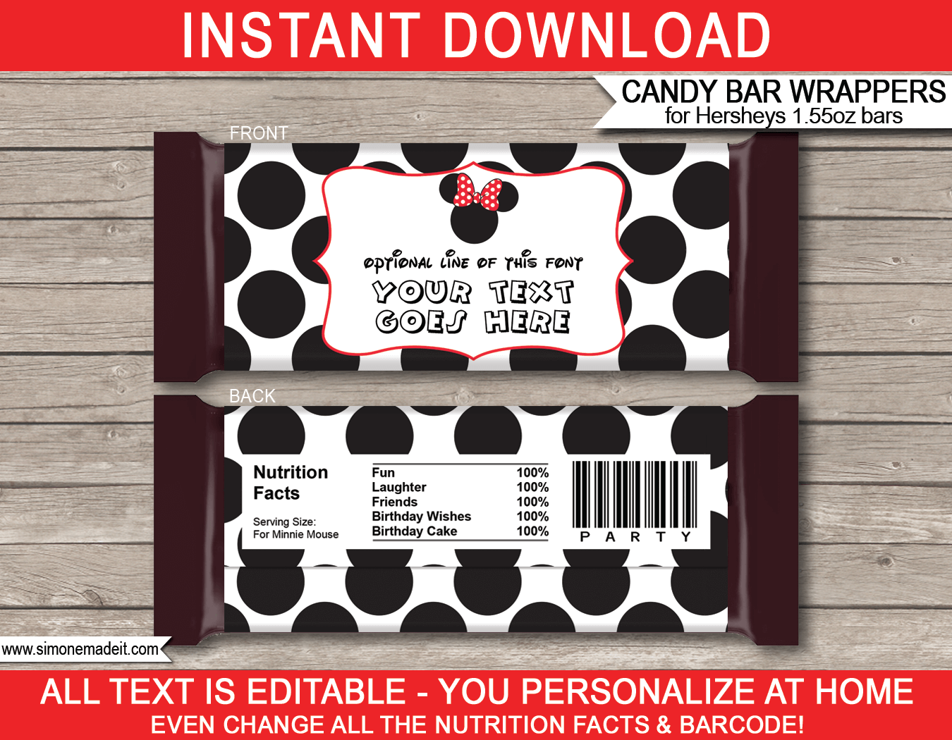Red Minnie Mouse Hershey Candy Bar Wrappers | Birthday Party Favors | Personalized Candy Bars | Editable Template | INSTANT DOWNLOAD $3.00 via simonemadeit.com