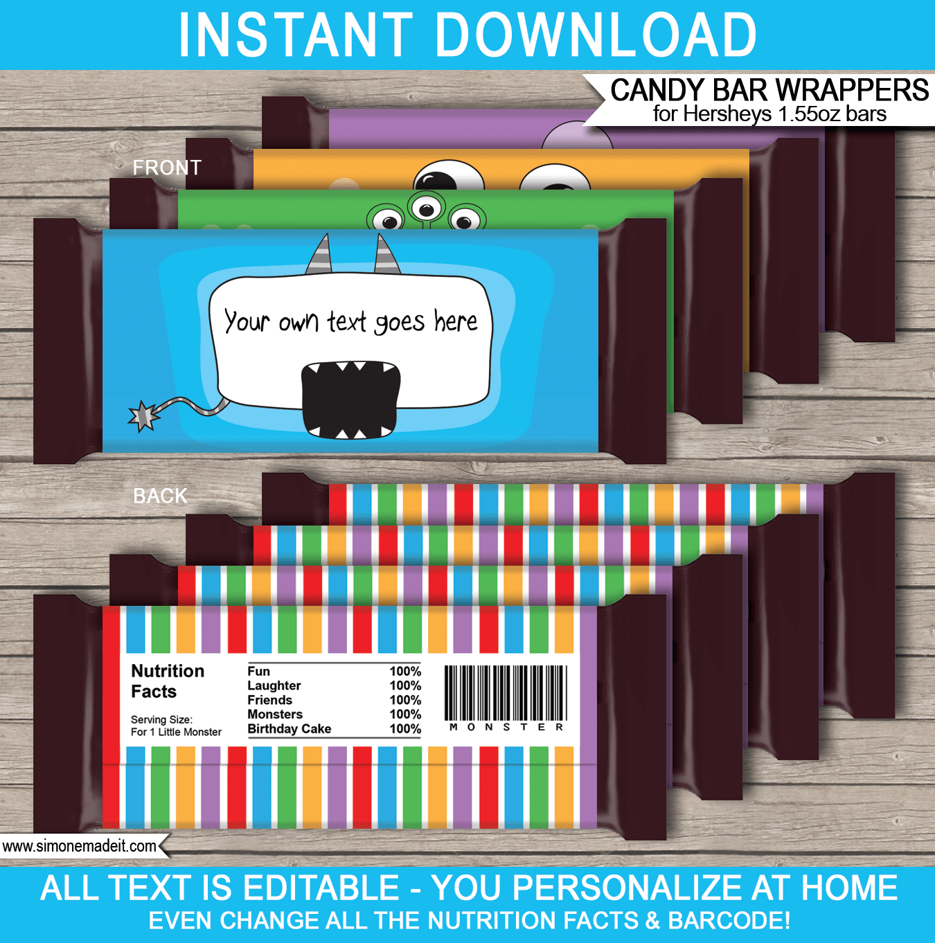 Monster Hershey Candy Bar Wrappers | Birthday Party Favors | Personalized Candy Bars | Editable Template | INSTANT DOWNLOAD $3.00 via simonemadeit.com