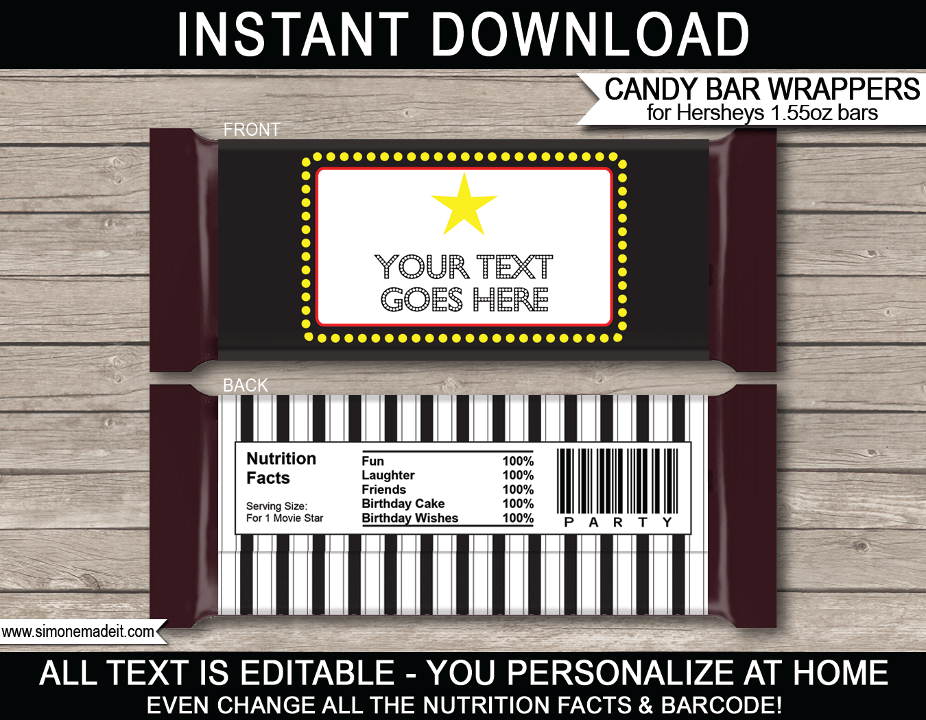 Movie Hershey Candy Bar Wrappers | Movie Night | Birthday Party Favors | Personalized Candy Bars | Editable Template | INSTANT DOWNLOAD $3.00 via simonemadeit.com