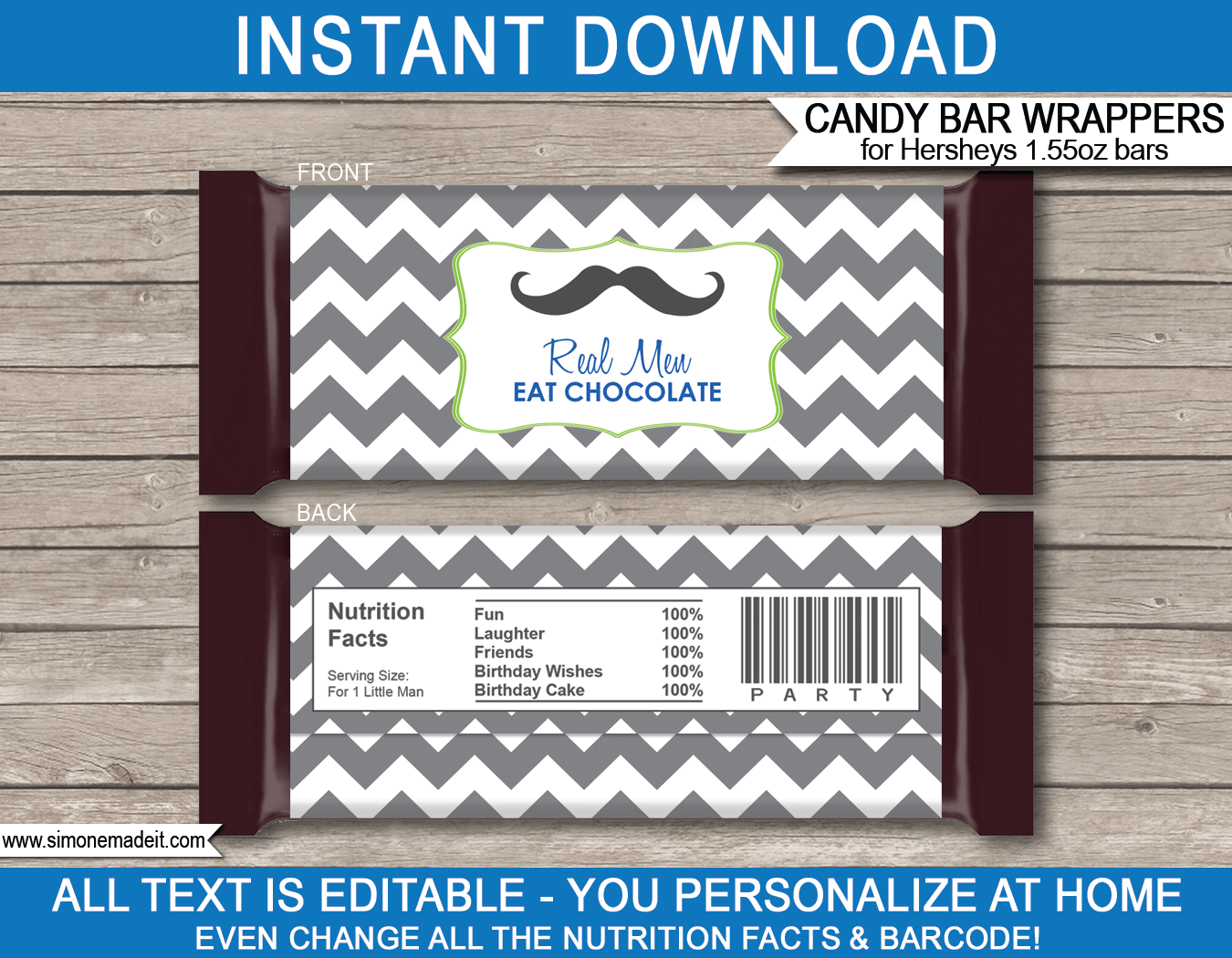 Mustache Hershey Candy Bar Wrappers | Little Man | Birthday Party Favors | Personalized Candy Bars | Editable Template | INSTANT DOWNLOAD $3.00 via simonemadeit.com