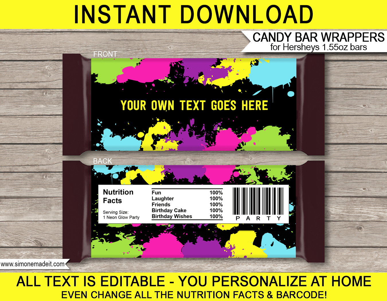 Neon Glow Hershey Candy Bar Wrappers | Birthday Party Favors | Personalized Candy Bars | Chocolate Bar Labels | Editable Template | INSTANT DOWNLOAD $3.00 via simonemadeit.com