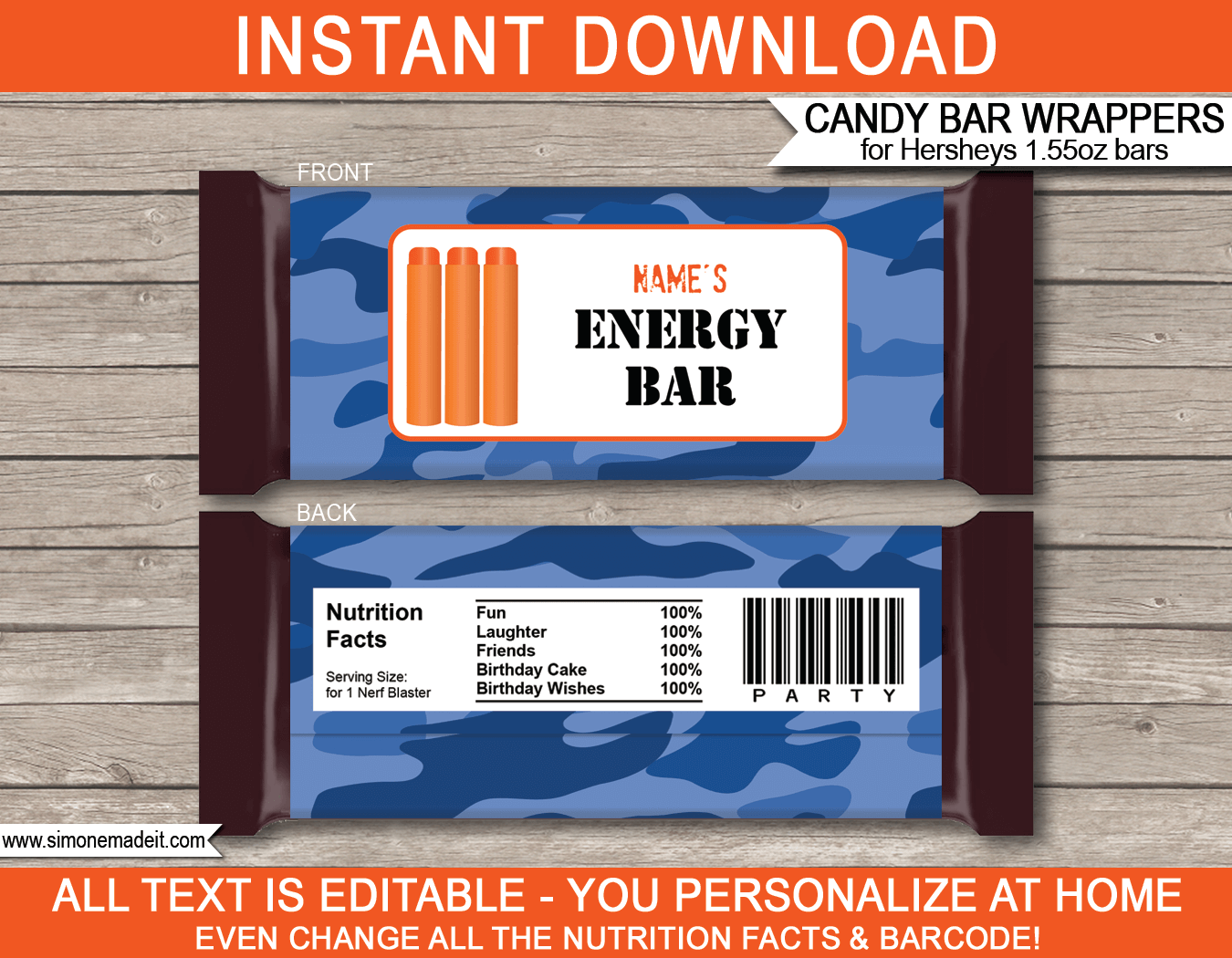 Nerf Hershey Candy Bar Wrappers | Blue Camo | Birthday Party Favors | Personalized Candy Bars | Editable Template | INSTANT DOWNLOAD $3.00 via simonemadeit.com