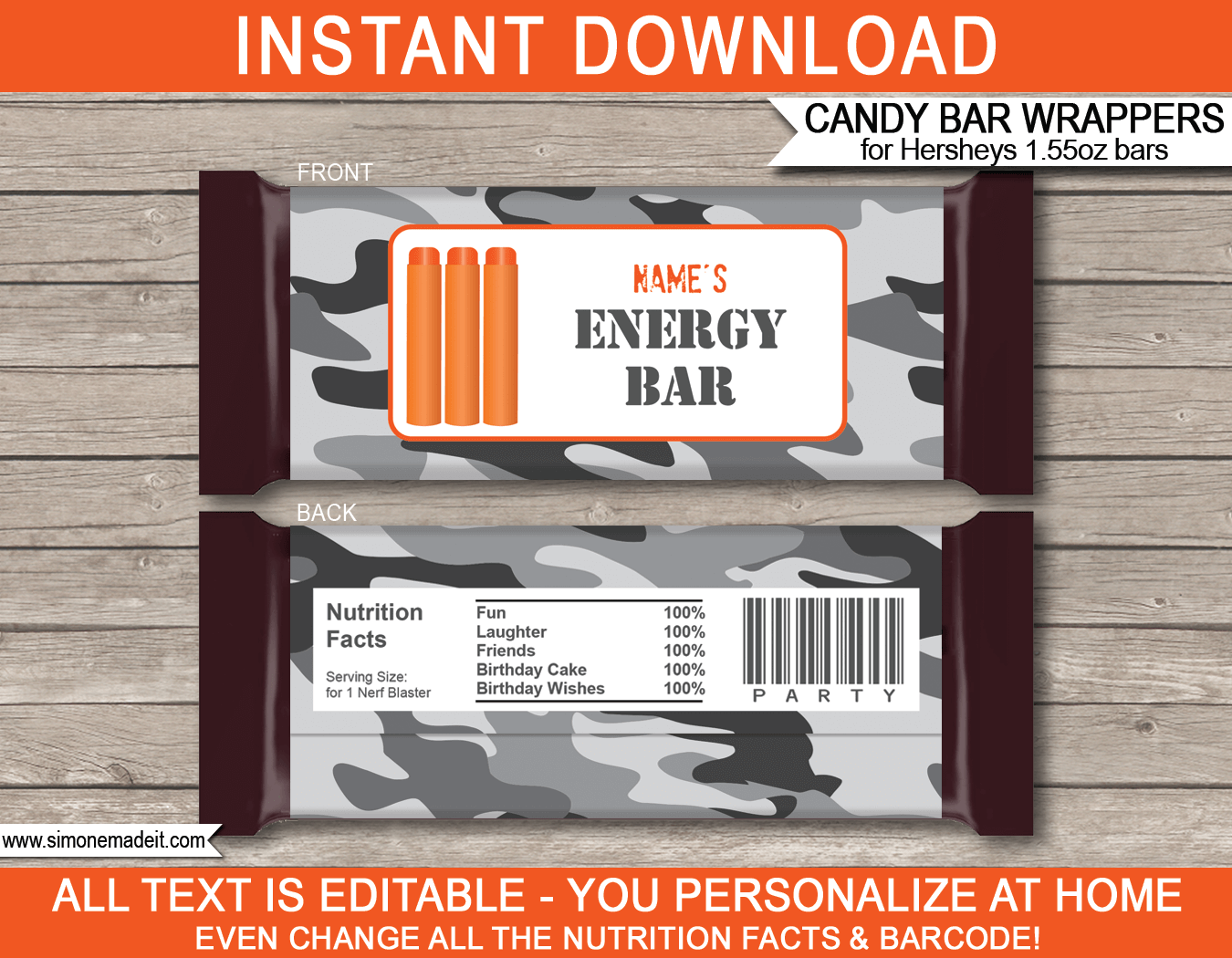 Nerf Party Hershey Candy Bar Wrappers | Gray Grey Camo | Birthday Party Favors | Personalized Candy Bars | Editable Template | INSTANT DOWNLOAD $3.00 via simonemadeit.com