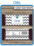Owl Hershey Candy Bar Wrappers template – gray, green & blue