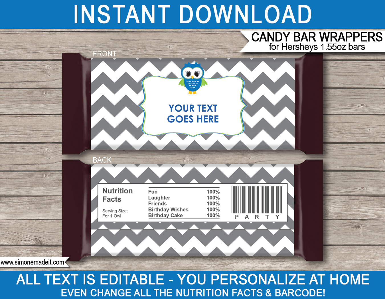Owl Party Hershey Candy Bar Wrappers | Gray Blue Green | Birthday Party Favors | Personalized Candy Bars | Editable Template | INSTANT DOWNLOAD $3.00 via simonemadeit.com