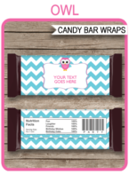 Owl Hershey Candy Bar Wrappers template – pink & aqua