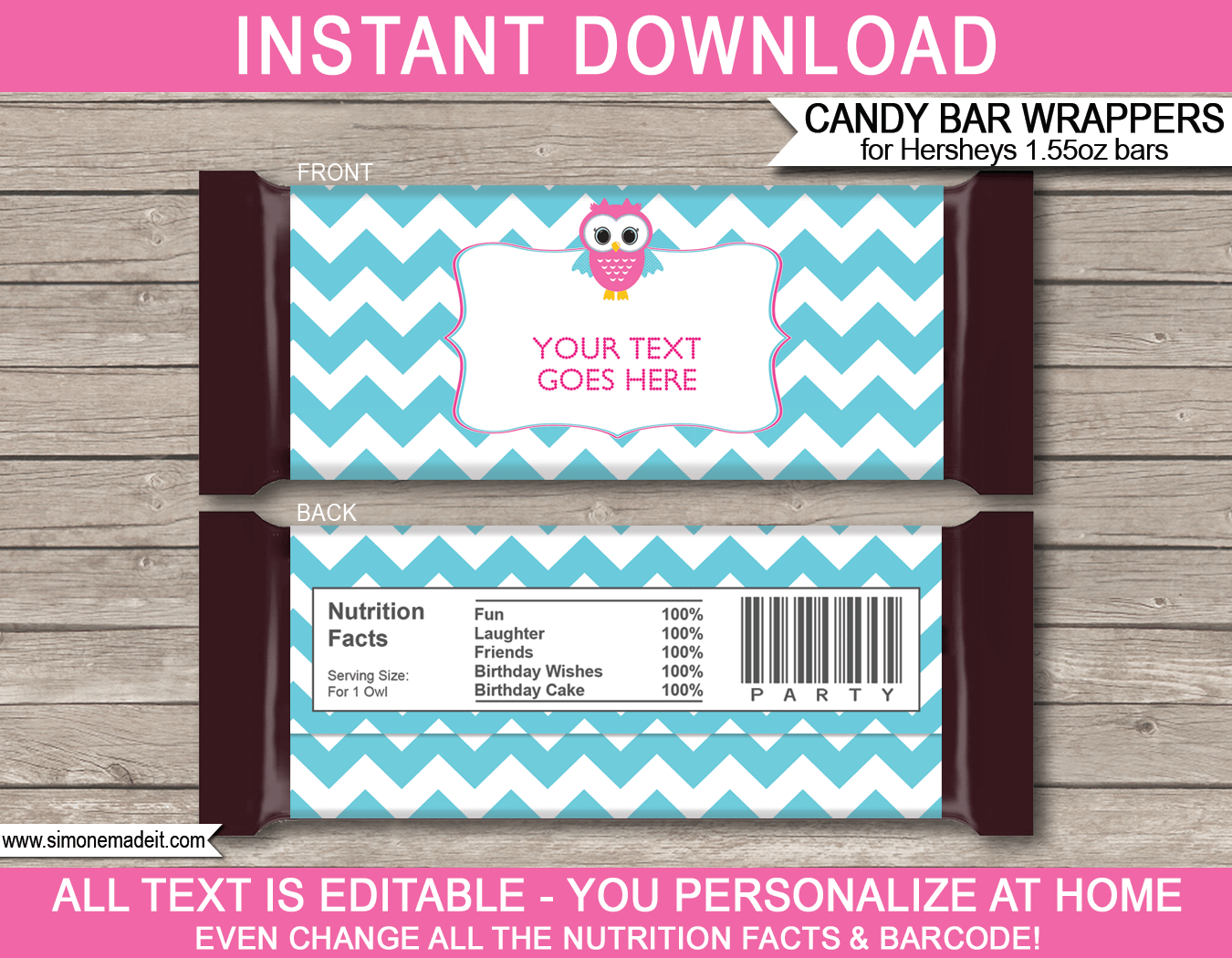 Owl Hershey Candy Bar Wrappers | Pink Aqua | Birthday Party Favors | Personalized Candy Bars | Editable Template | INSTANT DOWNLOAD $3.00 via simonemadeit.com