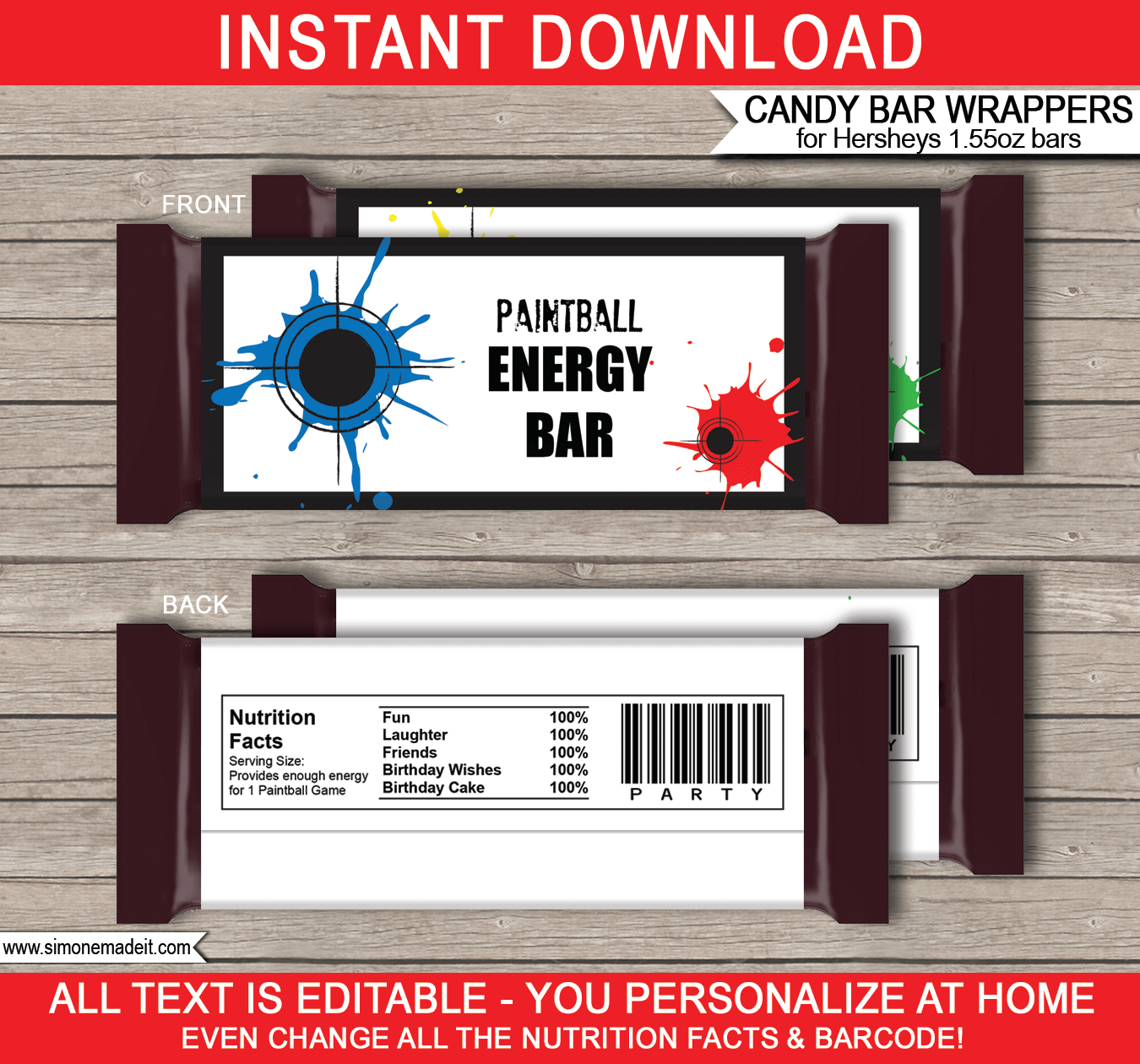 Paintball Hershey Candy Bar Wrappers | Birthday Party Favors | Personalized Candy Bars | Editable Template | INSTANT DOWNLOAD $3.00 via simonemadeit.com