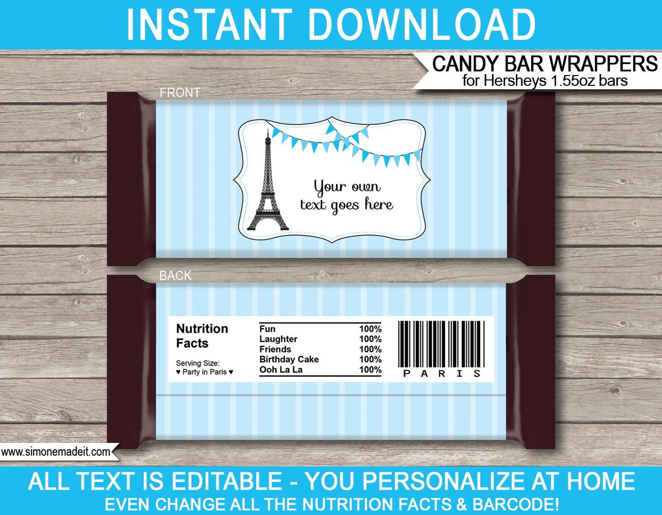 Blue Paris Party Hershey Candy Bar Wrappers | Birthday Party Favors | Personalized Candy Bars | Editable Template | INSTANT DOWNLOAD $3.00 via simonemadeit.com