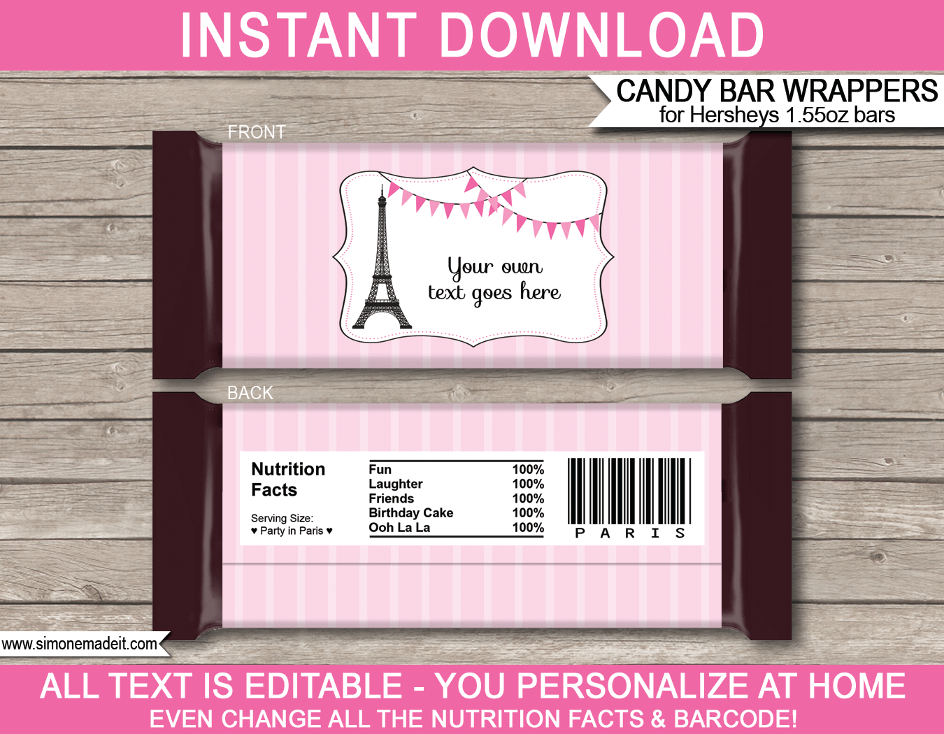 Paris Hershey Candy Bar Wrappers | Birthday Party Favors | Personalized Candy Bars | Editable Template | INSTANT DOWNLOAD $3.00 via simonemadeit.com