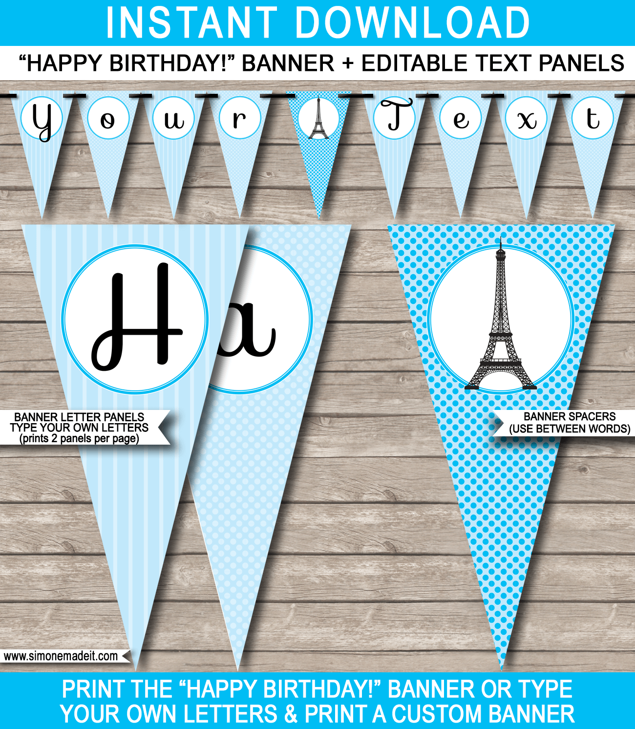Blue Paris Party Banner Template - Happy Birthday Bunting Pennants - Editable and Printable DIY Template - INSTANT DOWNLOAD $4.50 via simonemadeit.com