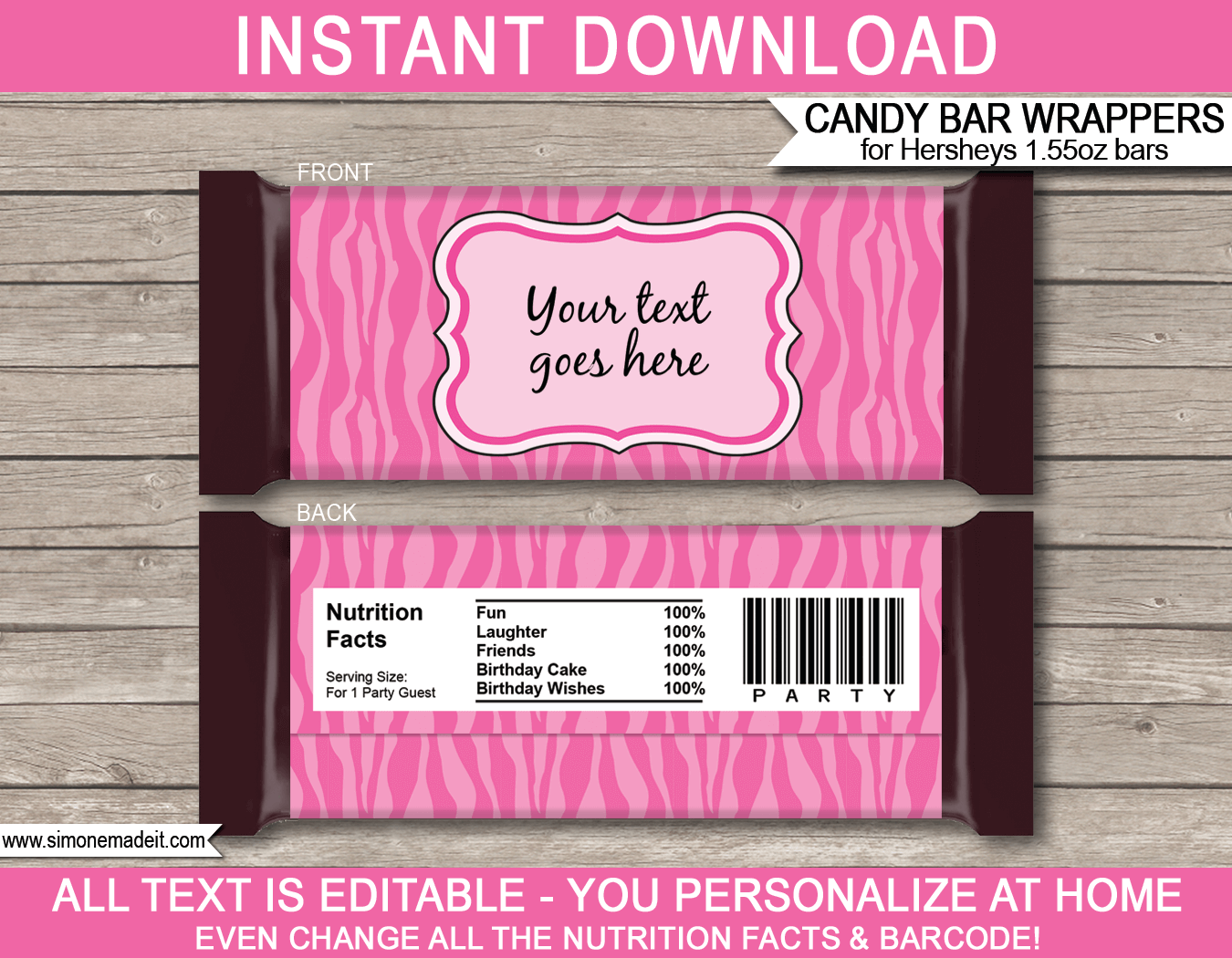 Pink Zebra Hershey Candy Bar Wrappers | Birthday Party Favors | Personalized Candy Bars | Editable Template | INSTANT DOWNLOAD $3.00 via simonemadeit.com