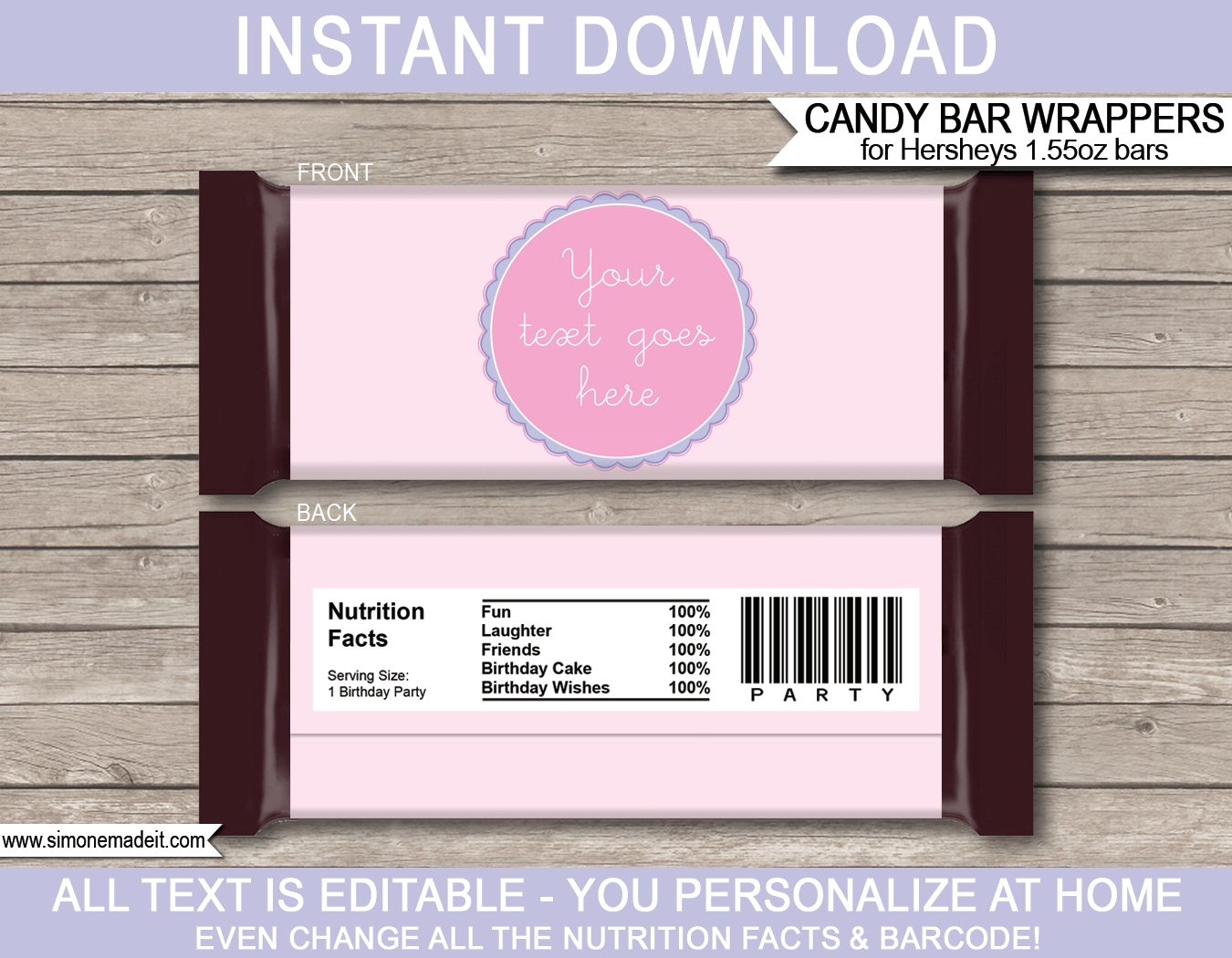 Pink & Purple Girls Hershey Candy Bar Wrappers | Birthday Party Favors | Personalized Candy Bars | Editable Template | INSTANT DOWNLOAD $3.00 via simonemadeit.com