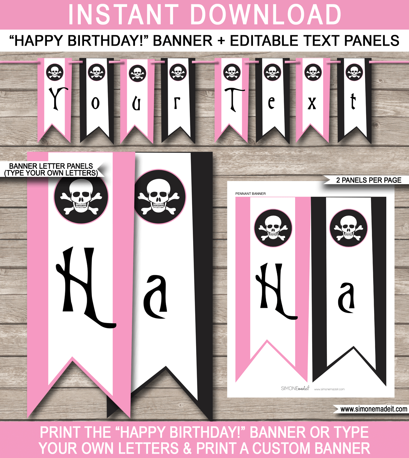 Pirate Girl Party Banner Template - Happy Birthday Bunting Pennants - Editable and Printable DIY Template - INSTANT DOWNLOAD $4.50 via simonemadeit.com