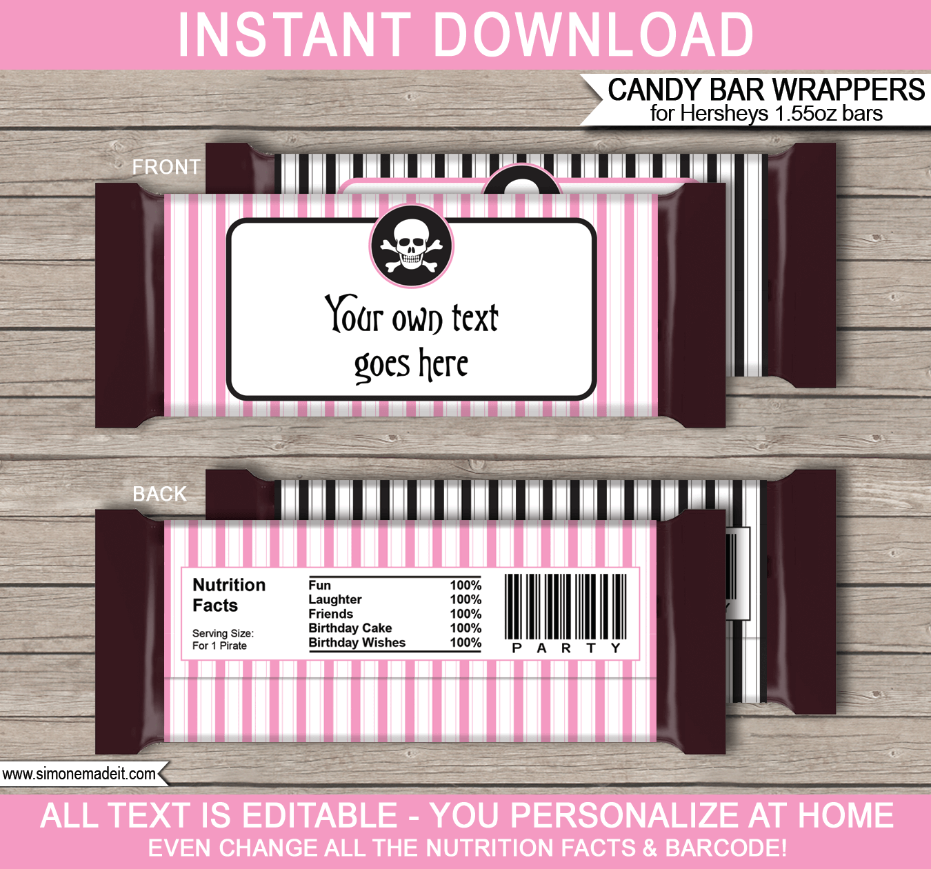 Girl Pirate Hershey Candy Bar Wrappers | Birthday Party Favors | Personalized Candy Bars | Editable Template | INSTANT DOWNLOAD $3.00 via simonemadeit.com