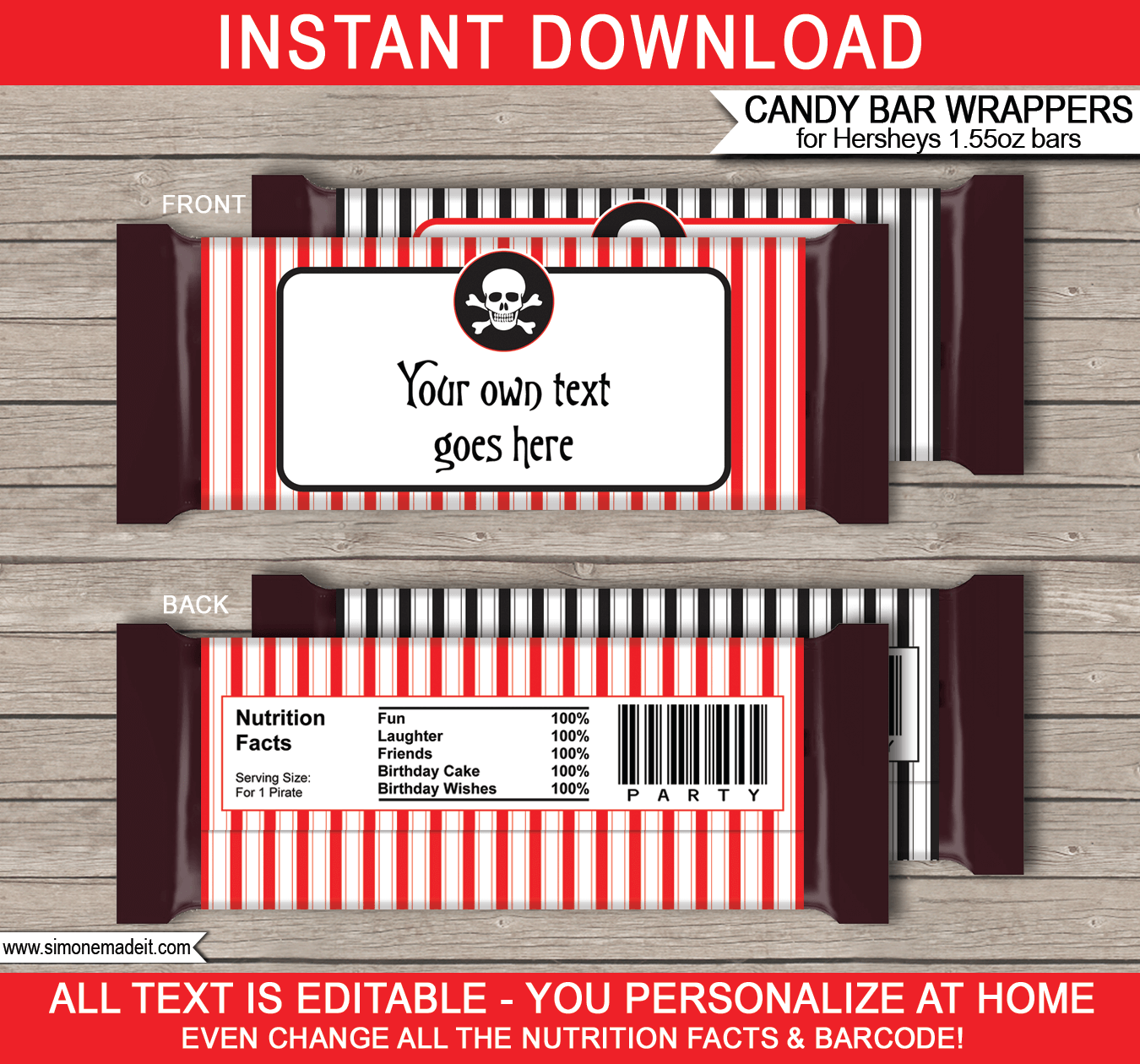 Pirate Hershey Candy Bar Wrappers | Birthday Party Favors | Personalized Candy Bars | Editable Template | INSTANT DOWNLOAD $3.00 via simonemadeit.com