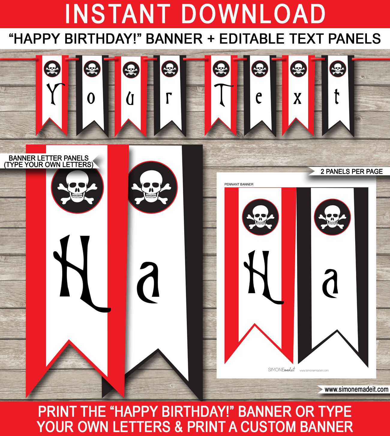 Pirate Party Banner Template - Happy Birthday Bunting Pennants - Editable and Printable DIY Template - INSTANT DOWNLOAD $4.50 via simonemadeit.com