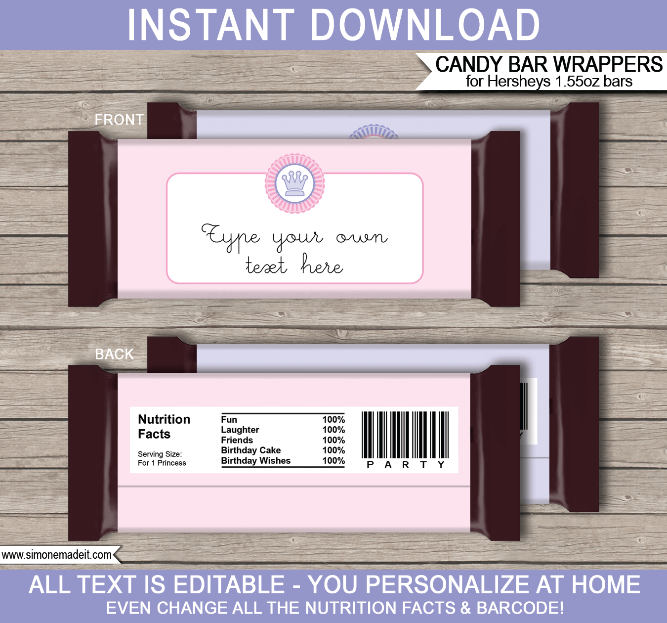 Princess Party Hershey Candy Bar Wrappers | Birthday Party Favors | Personalized Candy Bars | Editable Template | INSTANT DOWNLOAD $3.00 via simonemadeit.com