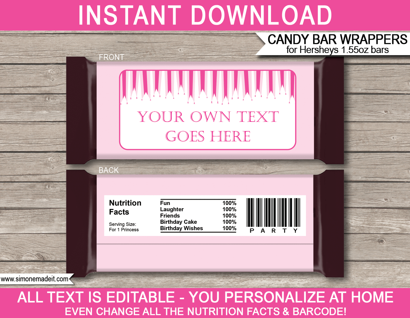 Princess Hershey Candy Bar Wrappers | Birthday Party Favors | Personalized Candy Bars | Editable Template | INSTANT DOWNLOAD $3.00 via simonemadeit.com