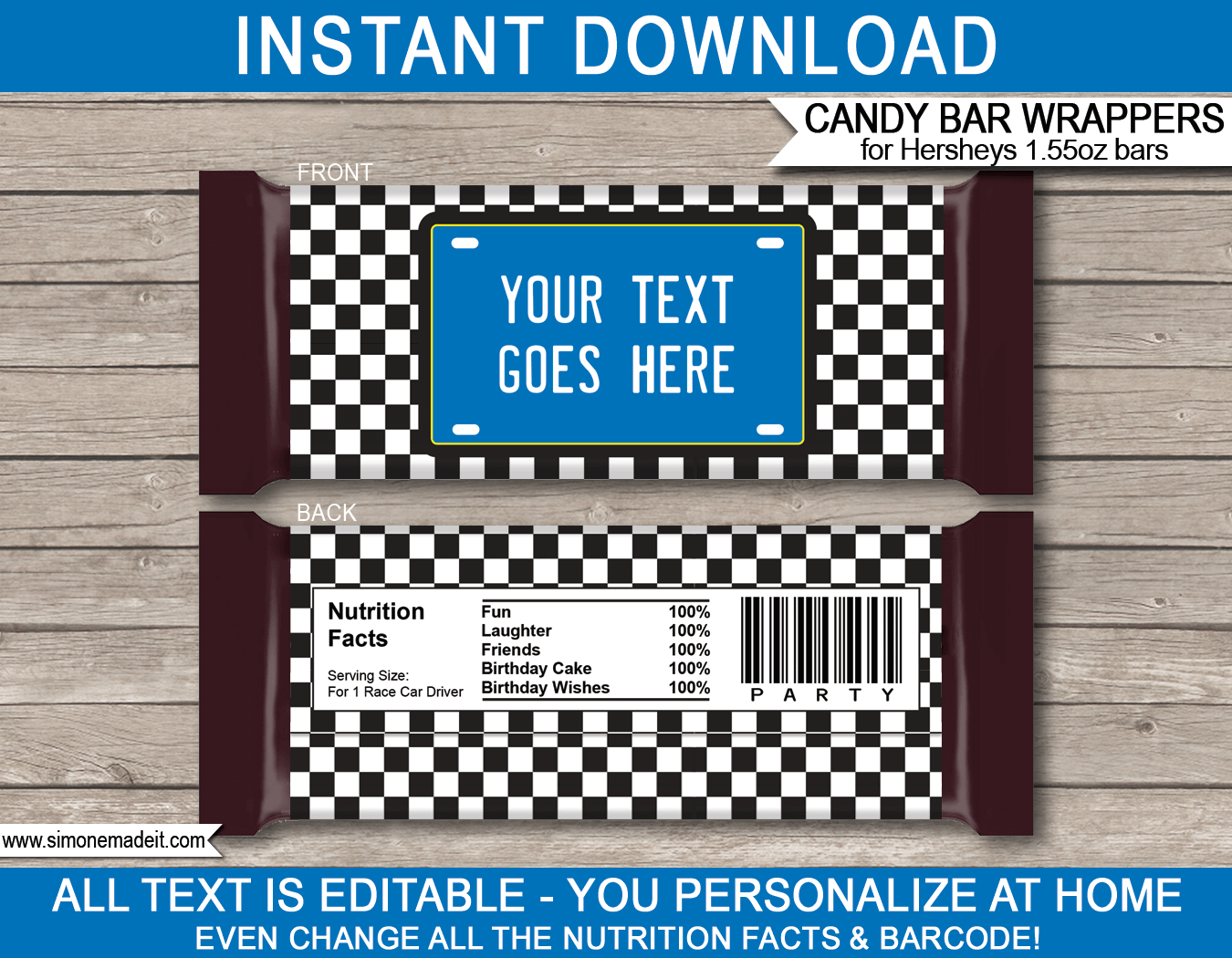 Blue Race Car Party Hershey Candy Bar Wrappers | Birthday Party Favors | Personalized Candy Bars | Editable Template | INSTANT DOWNLOAD $3.00 via simonemadeit.com