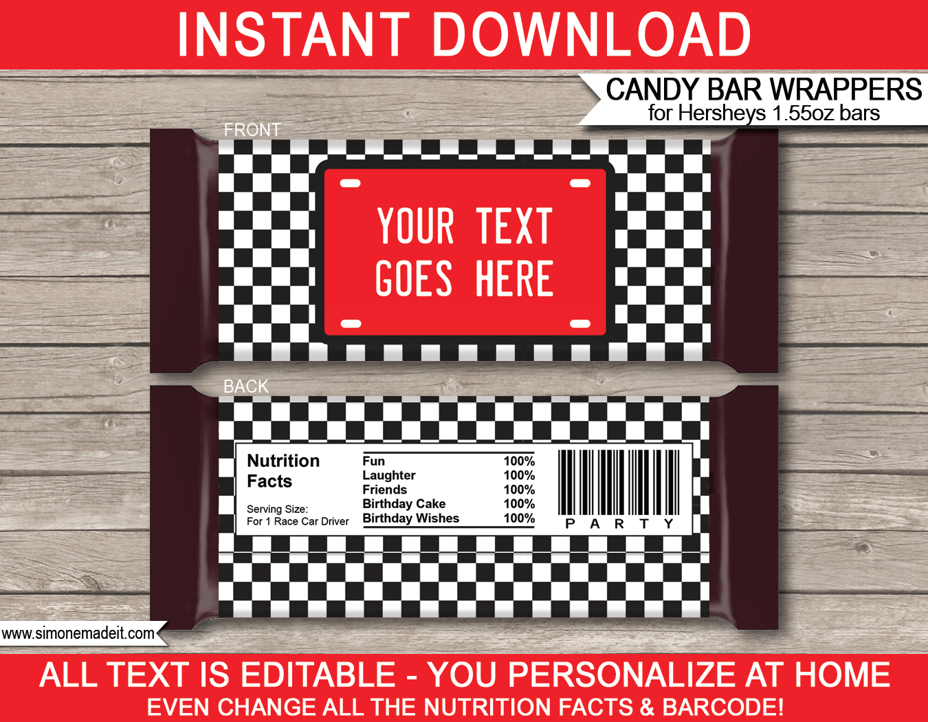 Race Car Hershey Candy Bar Wrappers | Birthday Party Favors | Personalized Candy Bars | Editable Template | INSTANT DOWNLOAD $3.00 via simonemadeit.com