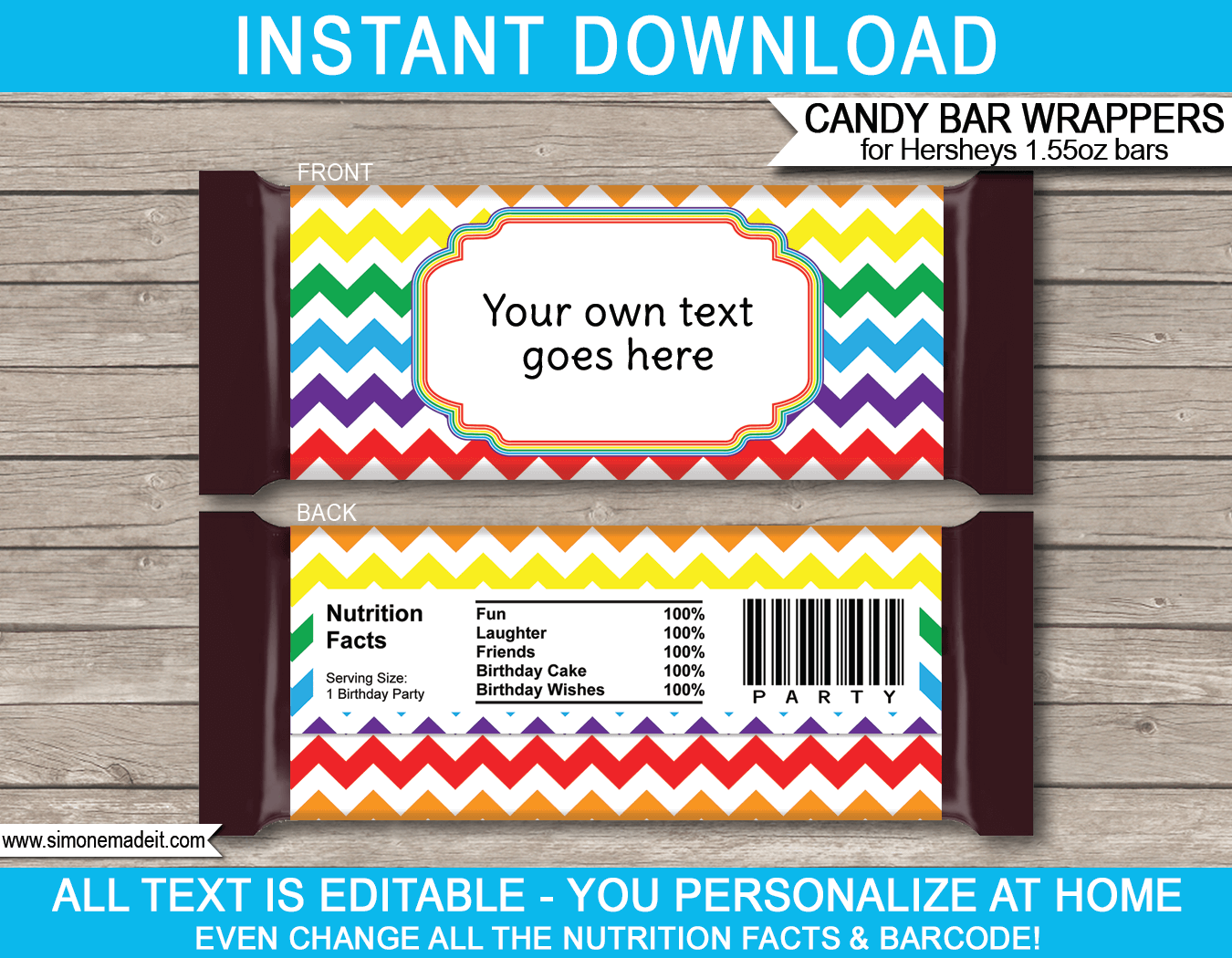 Chevron Rainbow Hershey Candy Bar Wrappers | Birthday Party Favors | Personalized Candy Bars | Editable Template | INSTANT DOWNLOAD $3.00 via simonemadeit.com