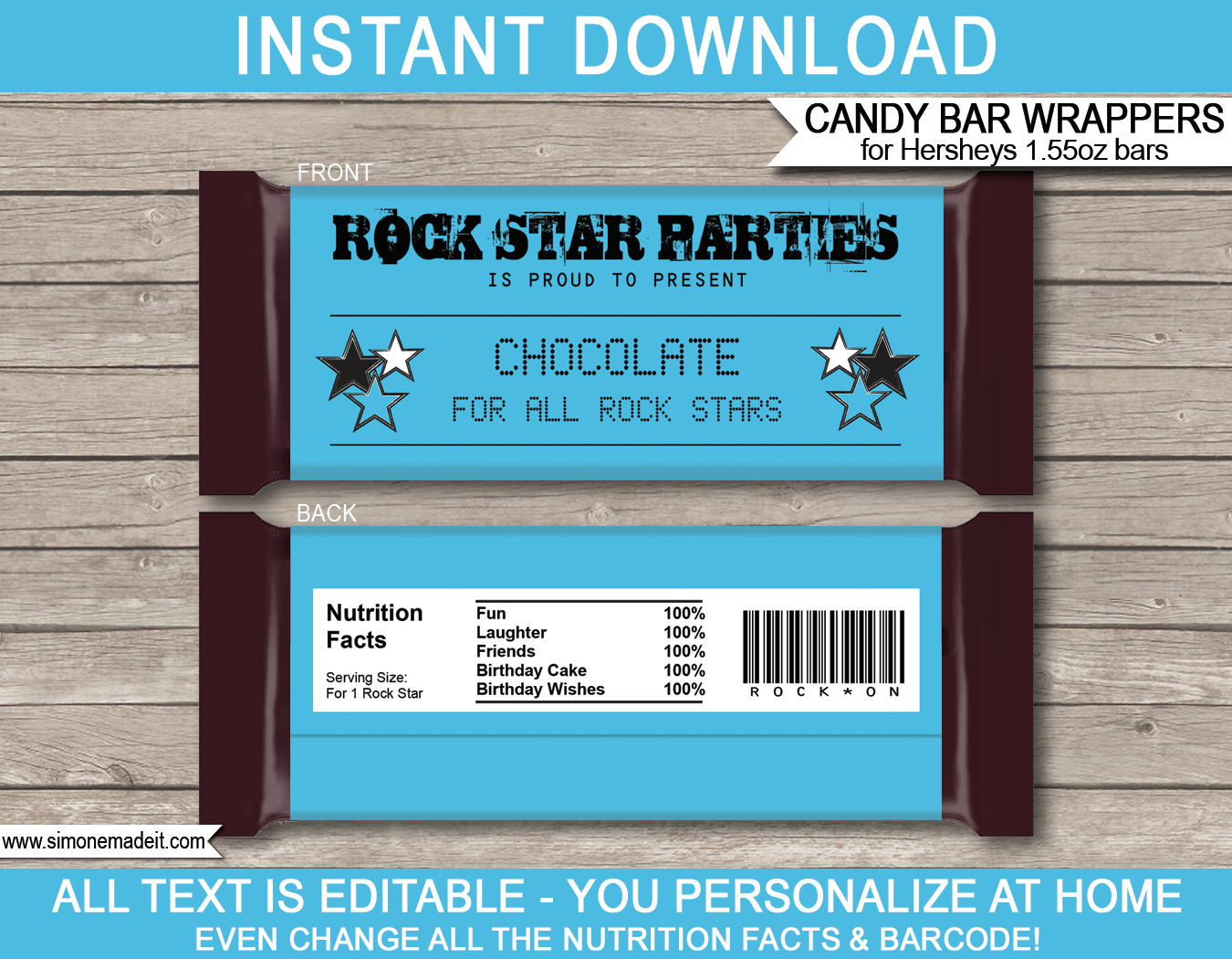 Blue Rockstar Birthday Hershey Candy Bar Wrappers | Birthday Party Favors | Personalized Candy Bars | Editable Template | INSTANT DOWNLOAD $3.00 via simonemadeit.com