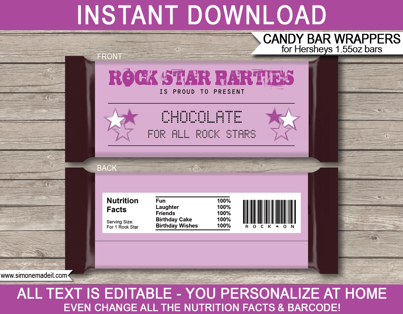 Purple Rock Star Hershey Candy Bar Wrappers | Birthday Party Favors | Personalized Candy Bars | Editable Template | INSTANT DOWNLOAD $3.00 via simonemadeit.com